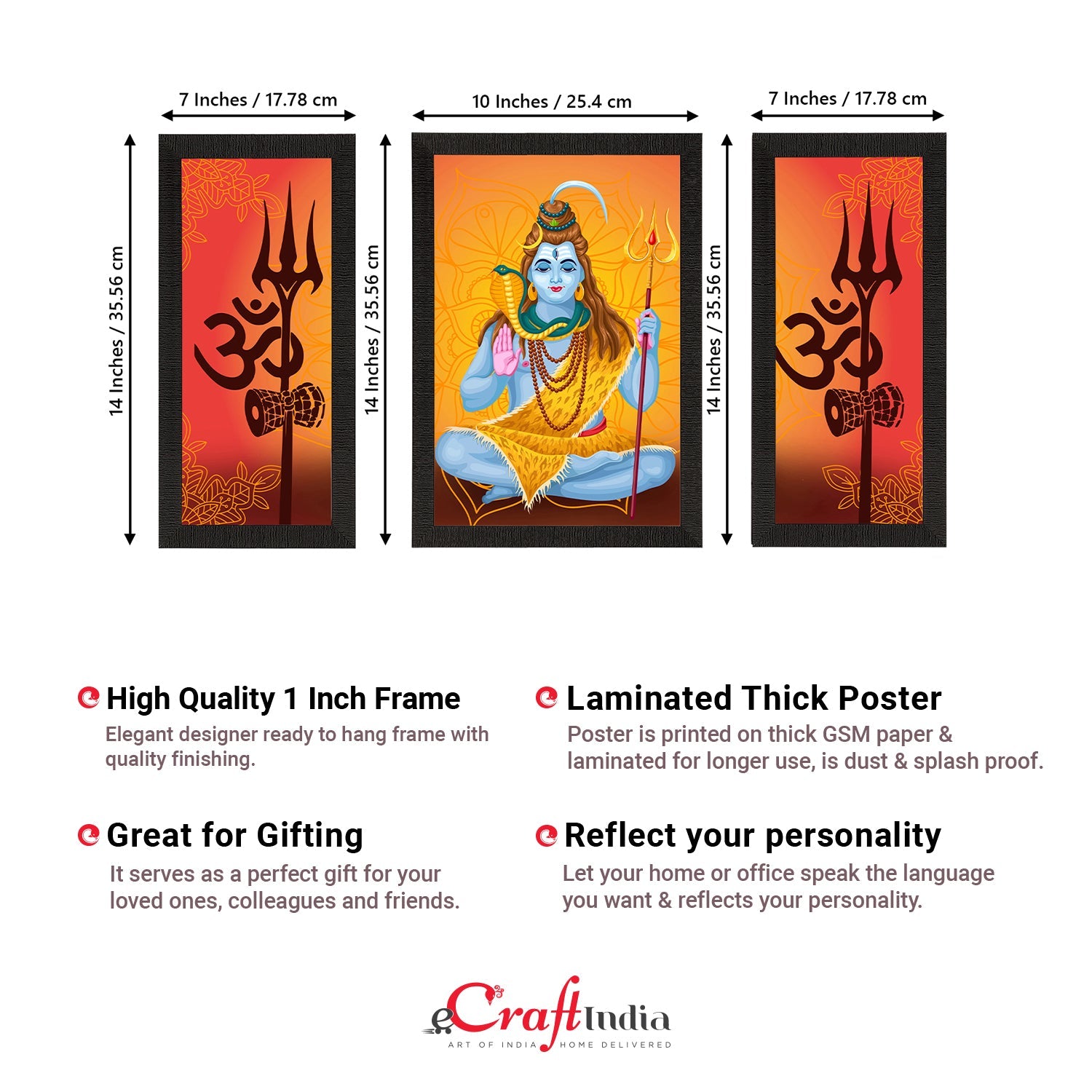 Set of 3 Lord Shiva Satin Matt Textured UV Art Painting Kafalo