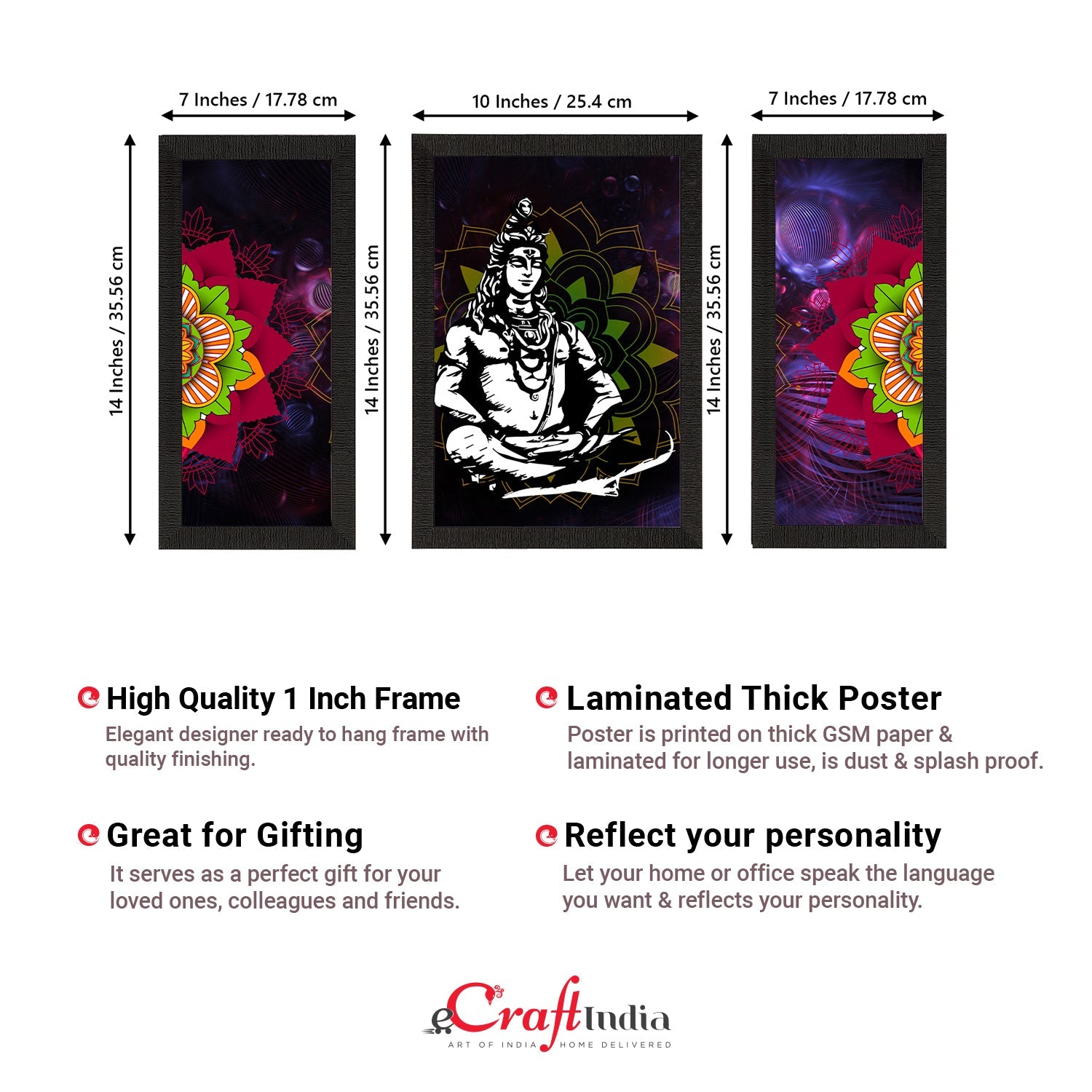 Set of 3 Lord Shiva Satin Matt Textured UV Art Painting Kafalo