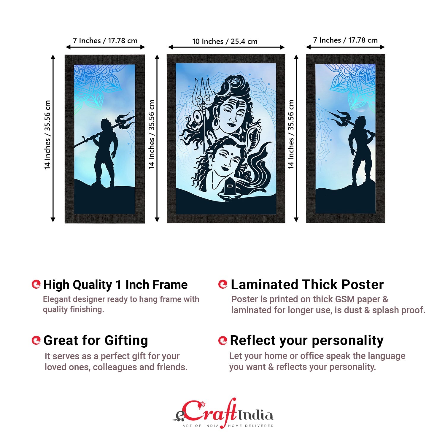 Set of 3 Lord Shiva Satin Matt Textured UV Art Painting Kafalo