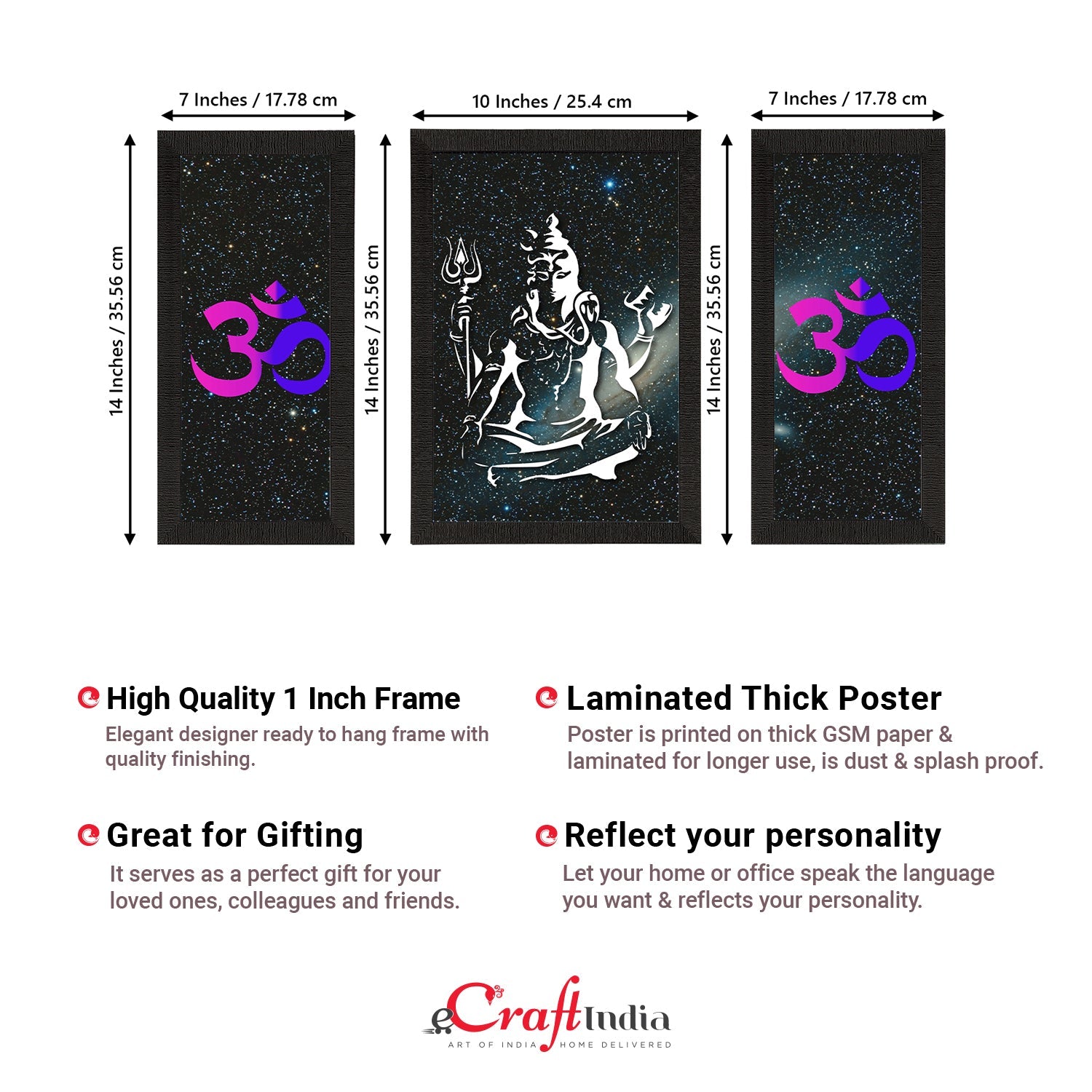 Set of 3 Lord Shiva Satin Matt Textured UV Art Painting Kafalo
