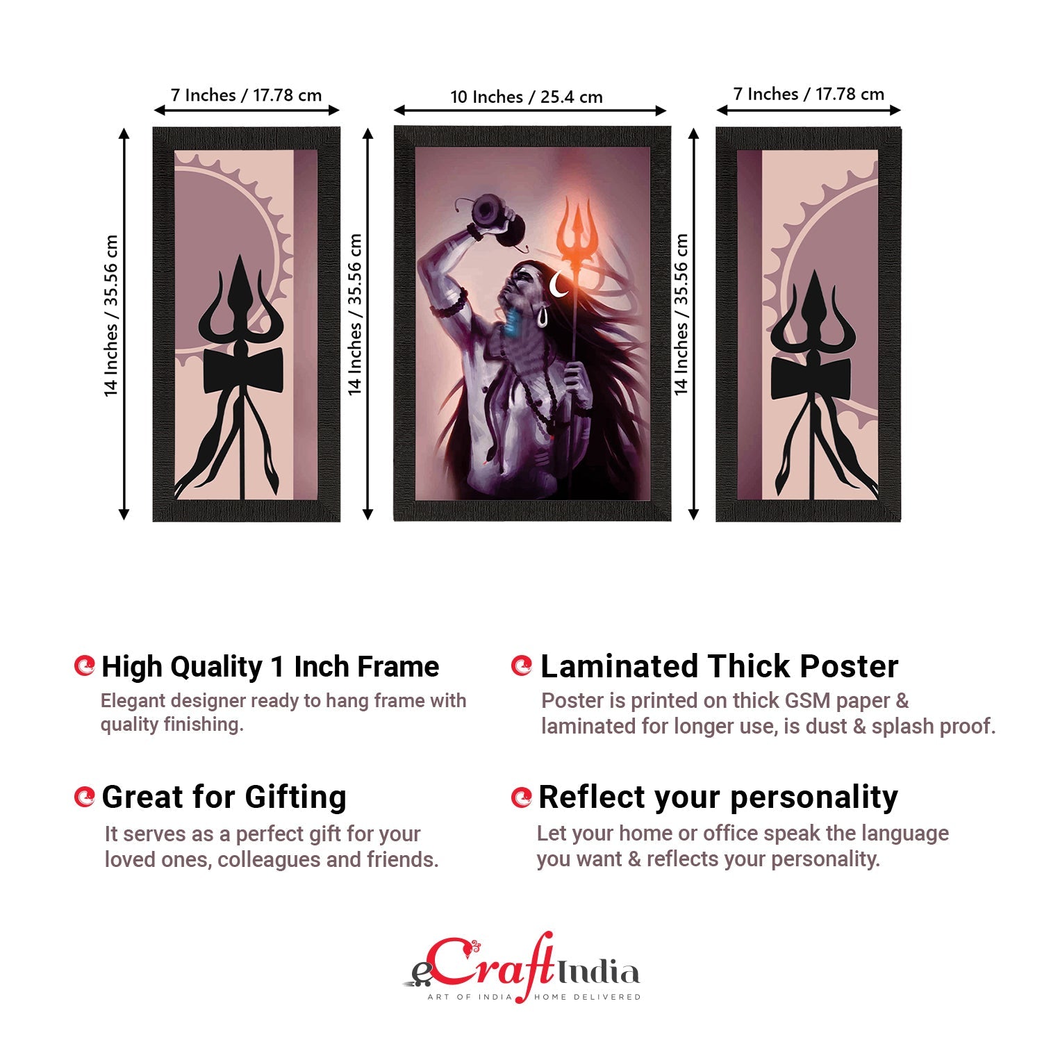 Set of 3 Lord Shiva Satin Matt Textured UV Art Painting Kafalo