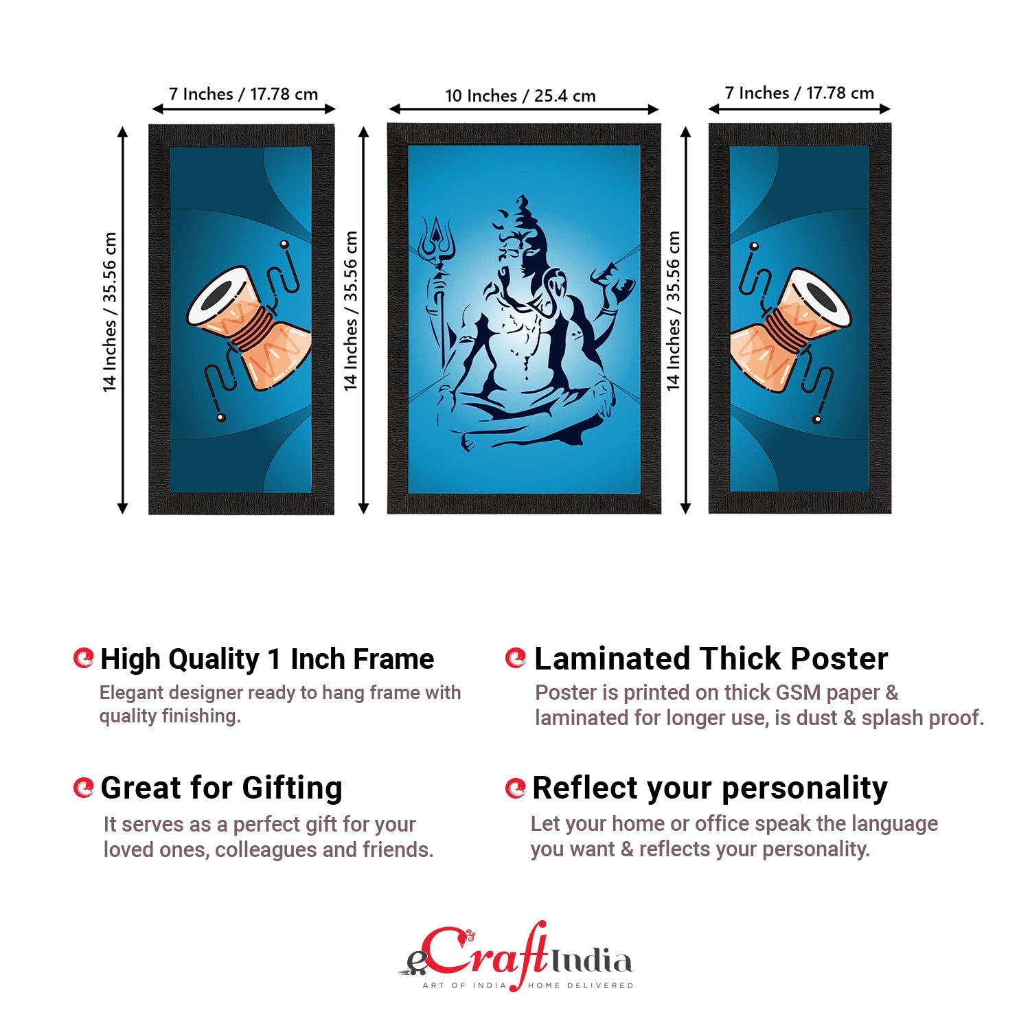 Set of 3 Lord Shiva Satin Matt Textured UV Art Painting Kafalo