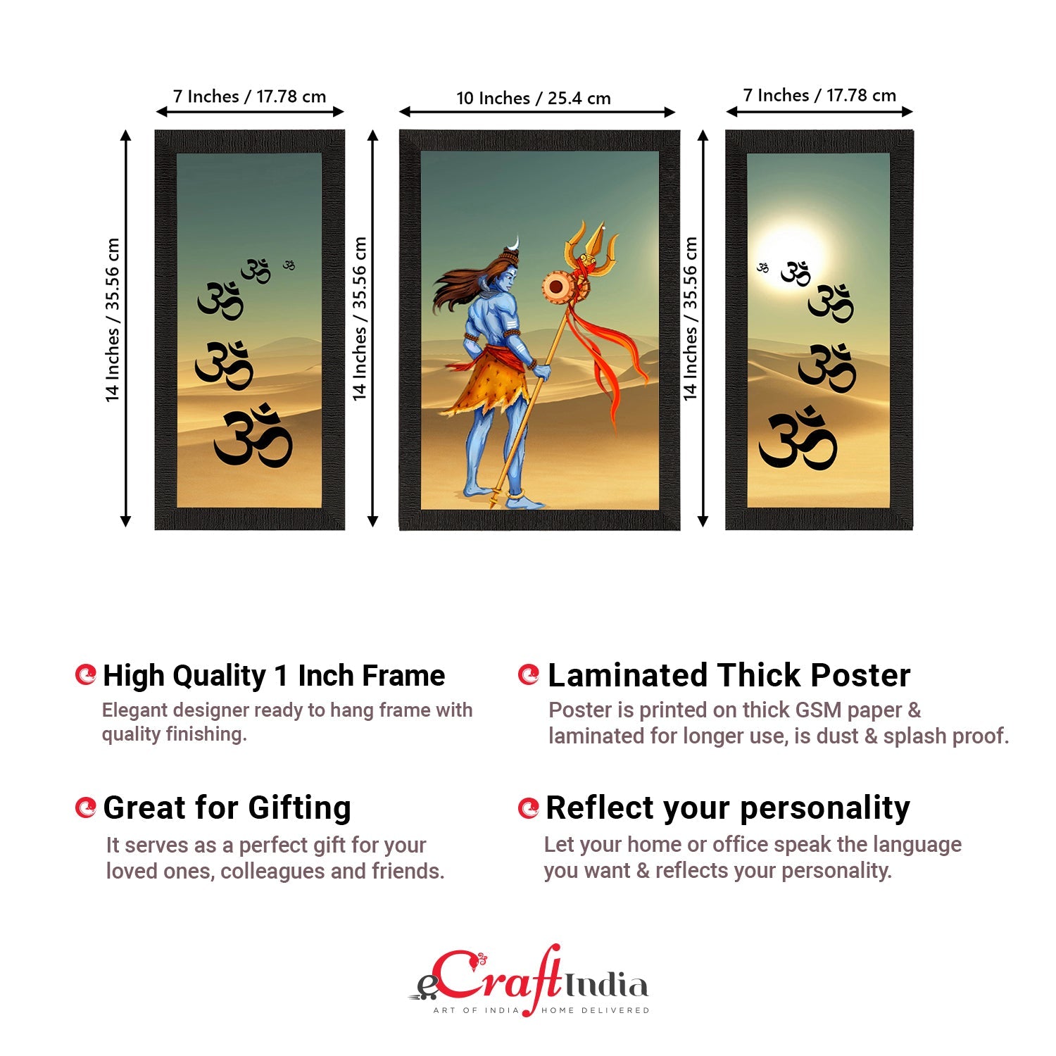 Set of 3 Lord Shiva Satin Matt Textured UV Art Painting Kafalo