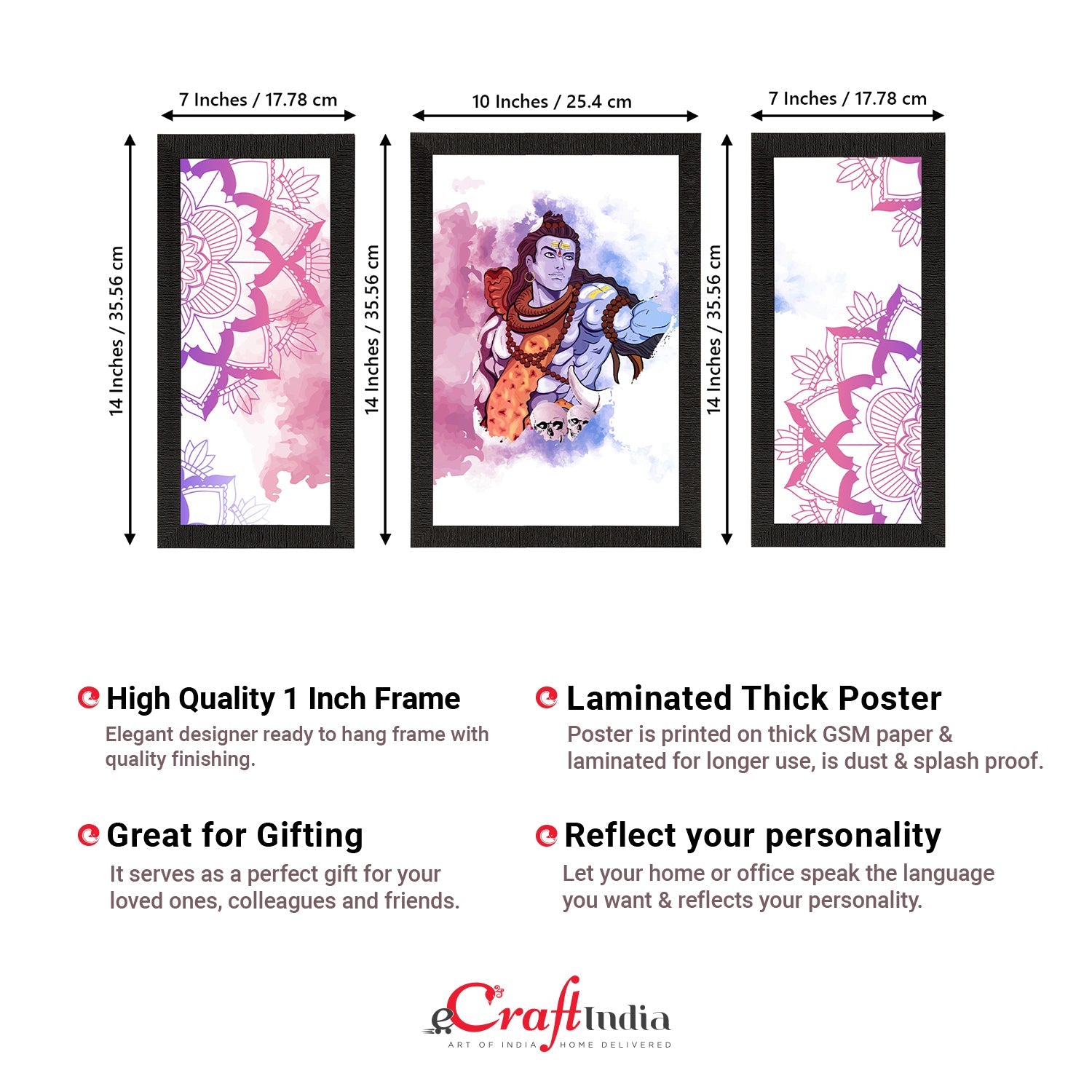 Set of 3 Lord Shiva Satin Matt Textured UV Art Painting Kafalo