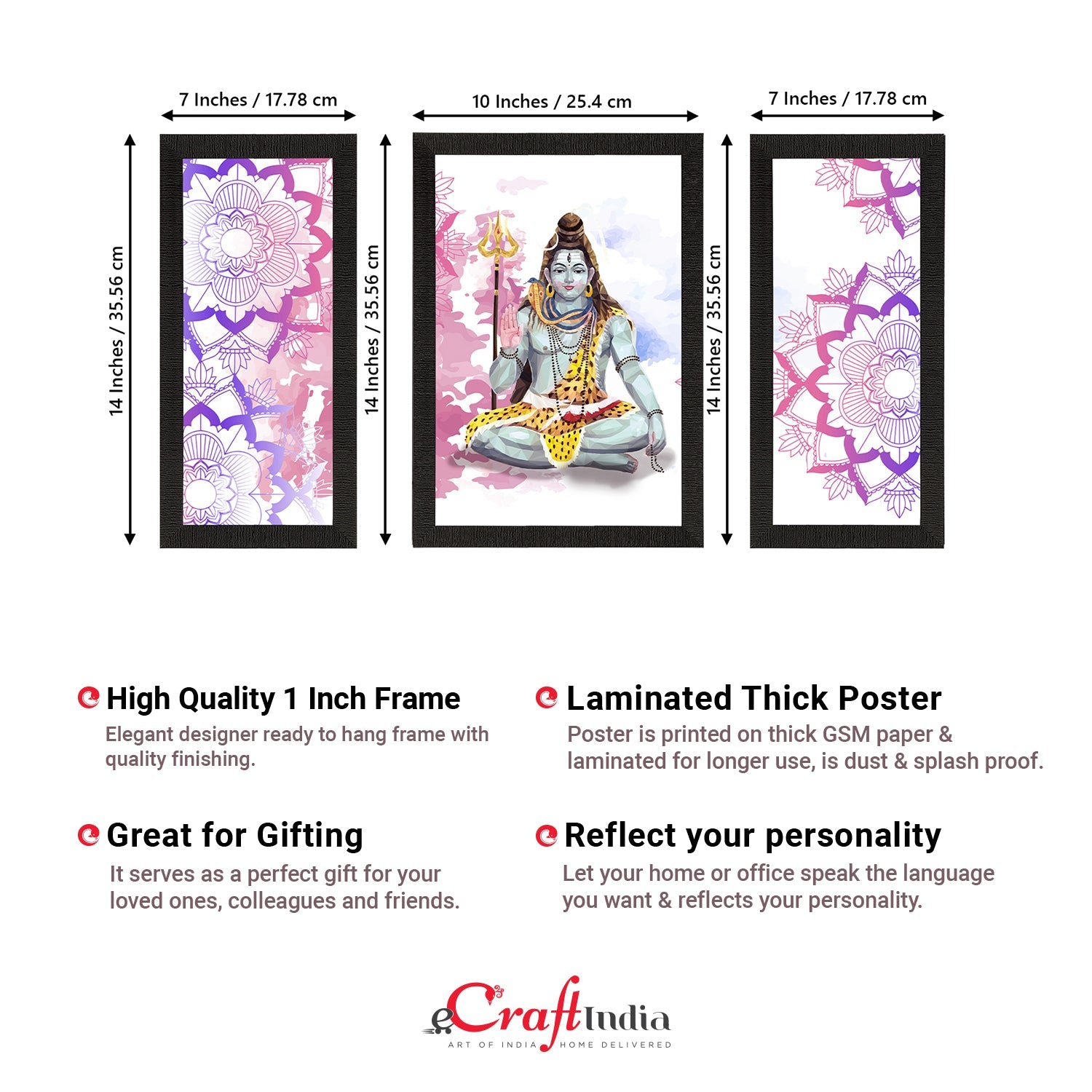 Set of 3 Lord Shiva Satin Matt Textured UV Art Painting Kafalo