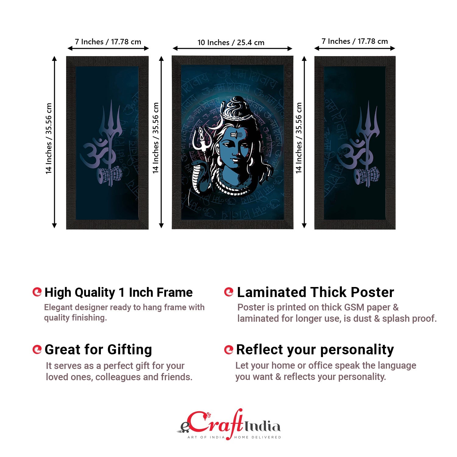 Set of 3 Lord Shiva Satin Matt Textured UV Art Painting Kafalo