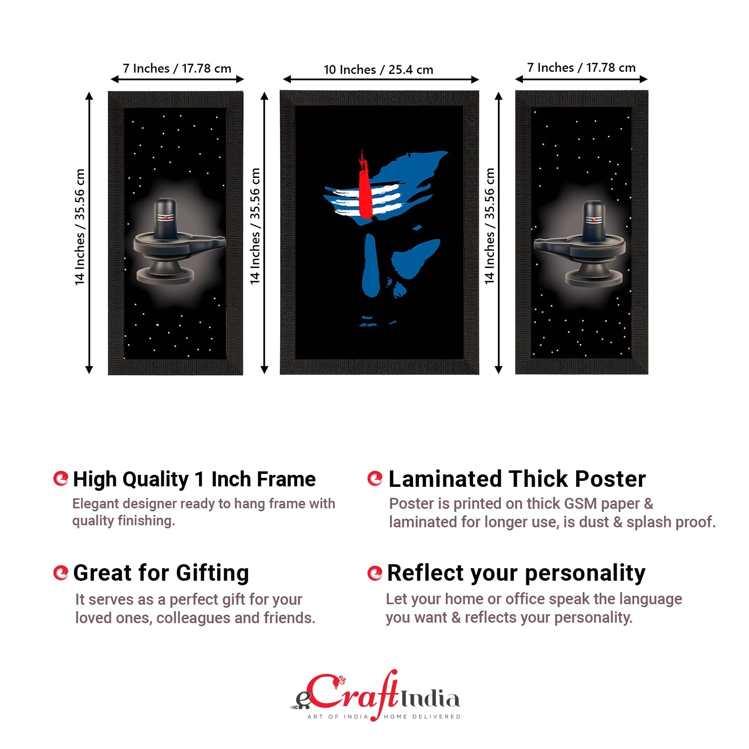 Set of 3 Lord Shiva Satin Matt Textured UV Art Painting Kafalo