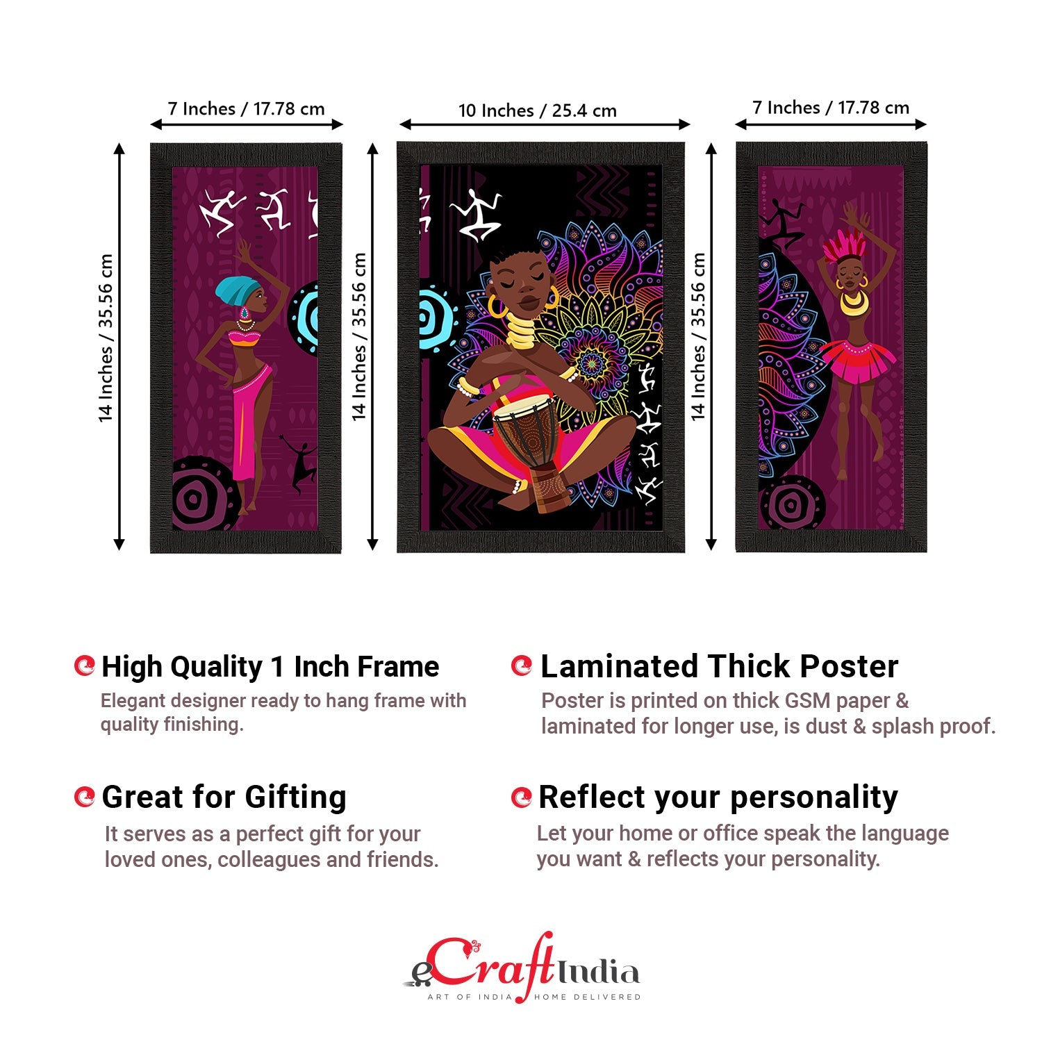 Set of 3 Tribal Theme Satin Matt Textured UV Art Painting Kafalo