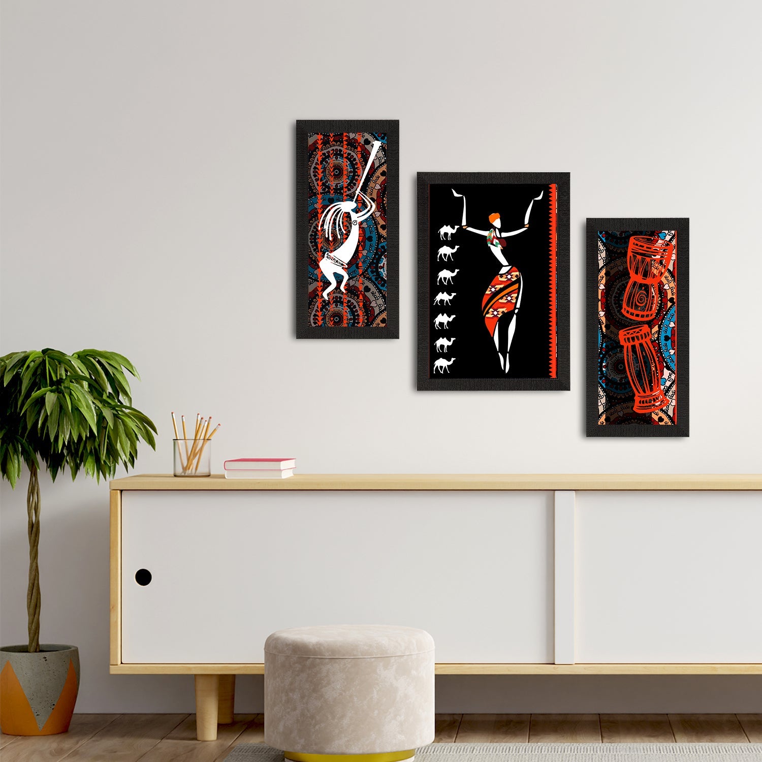 Set of 3 Tribal Theme Satin Matt Textured UV Art Painting Kafalo
