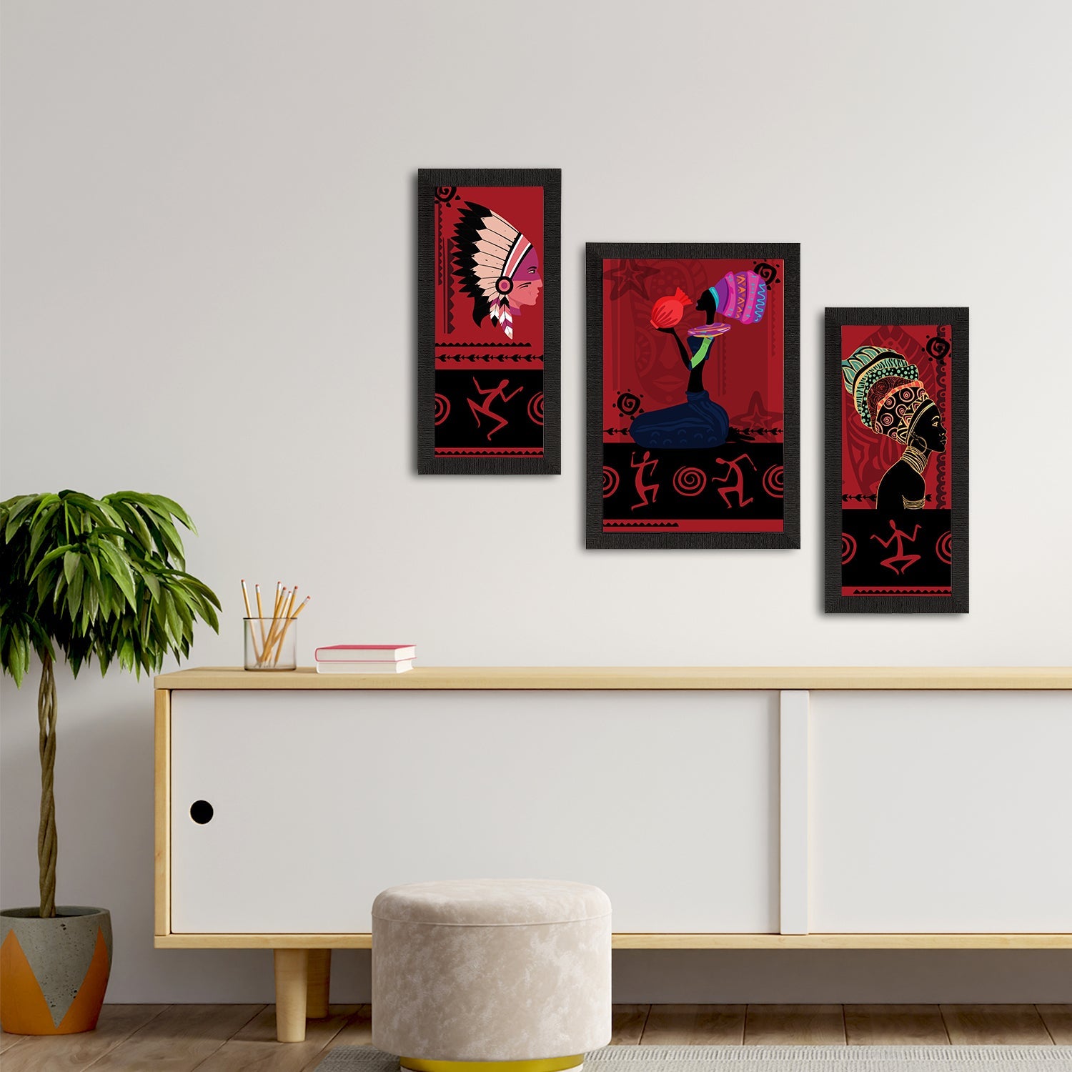 Set of 3 Tribal Theme Satin Matt Textured UV Art Painting Kafalo