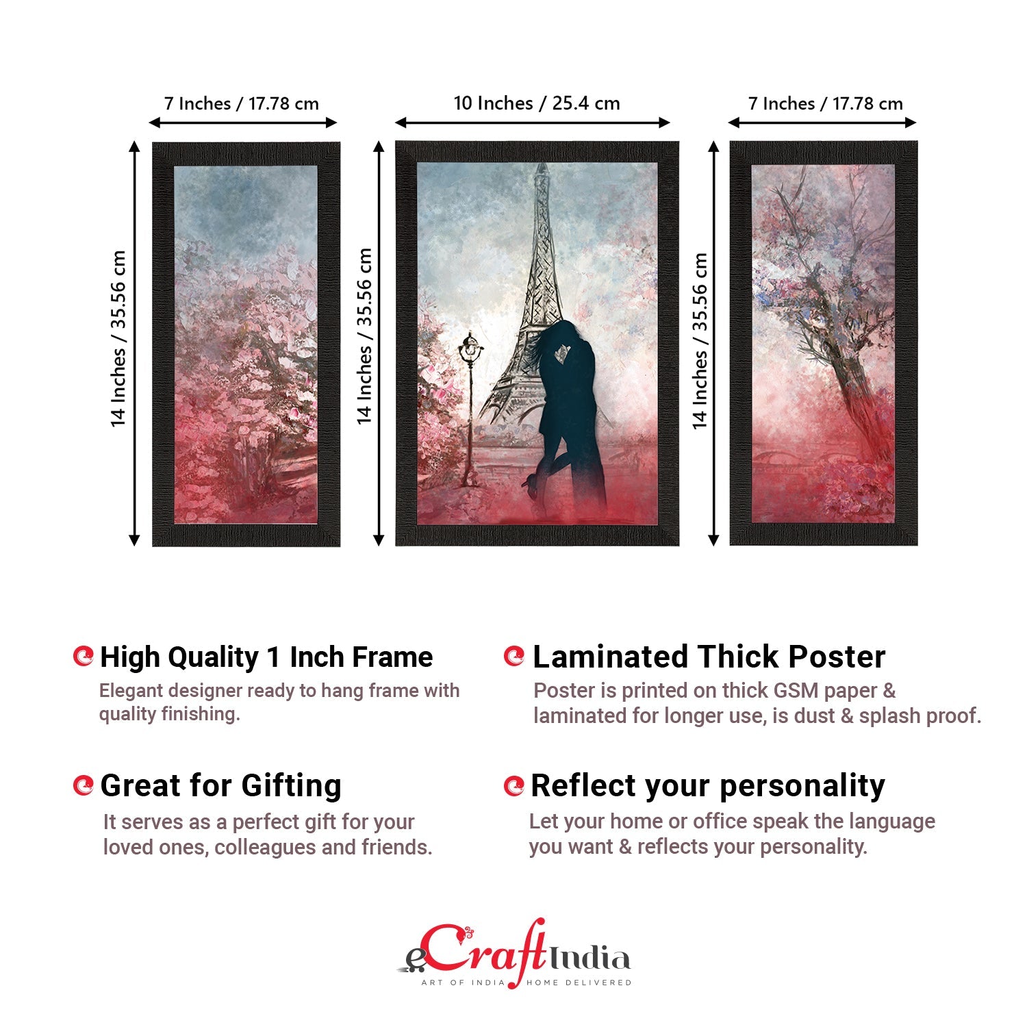 Set of 3 Loving Couple near Eiffel Tower Satin Matt Texture UV Art Painting Kafalo