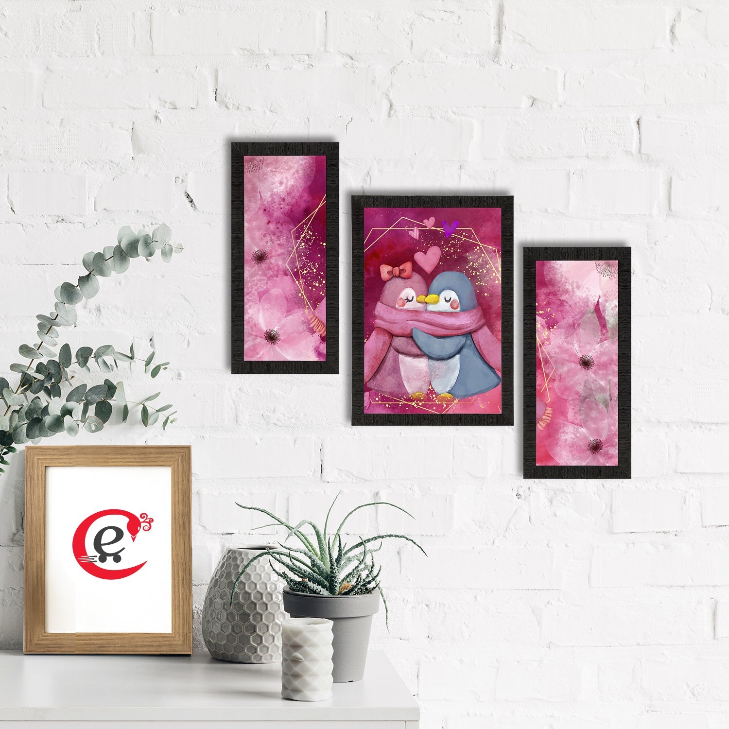 Set of 3 Romantic Penguin Couple Satin Matt Texture UV Art Painting Kafalo