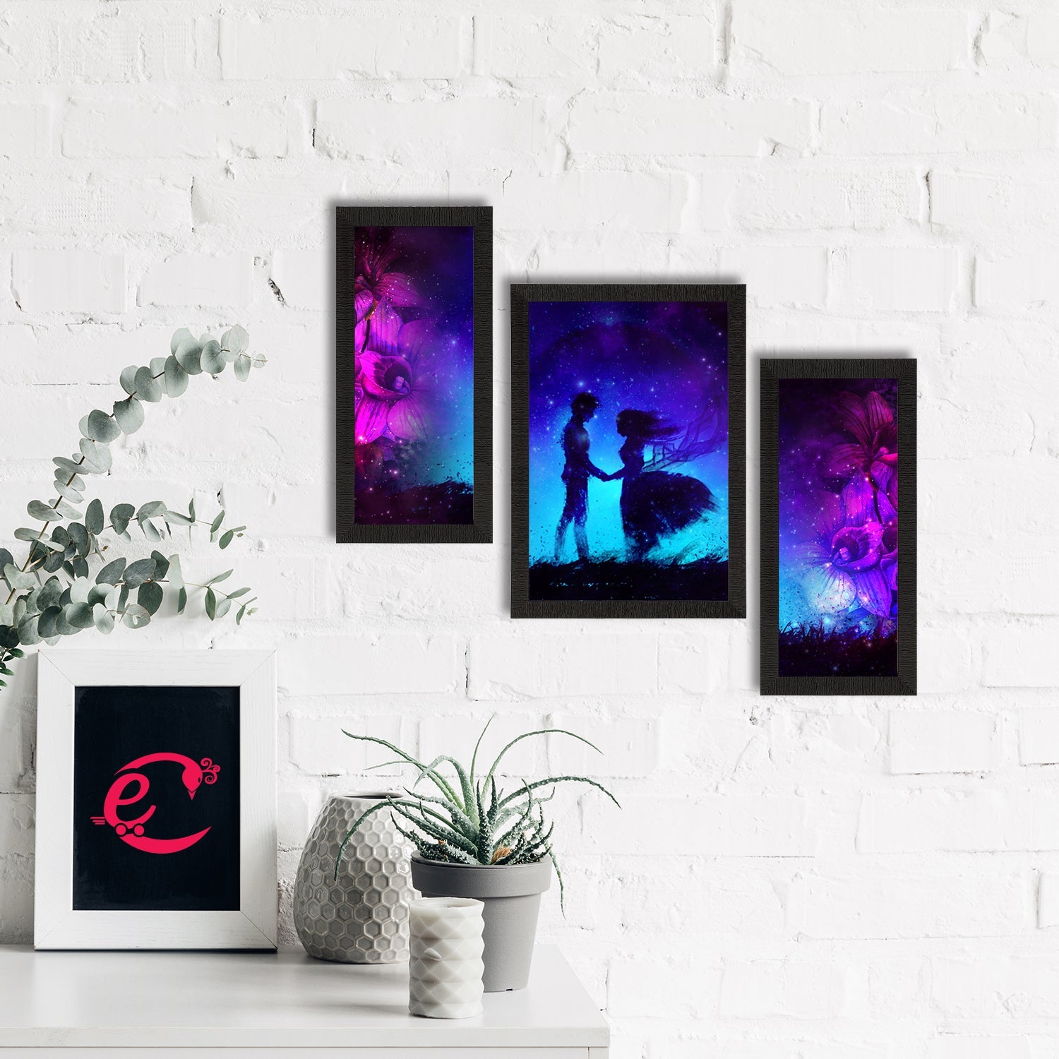 Set of 3 Loving Couple Under Moon Light Satin Matt Texture UV Art Painting Kafalo