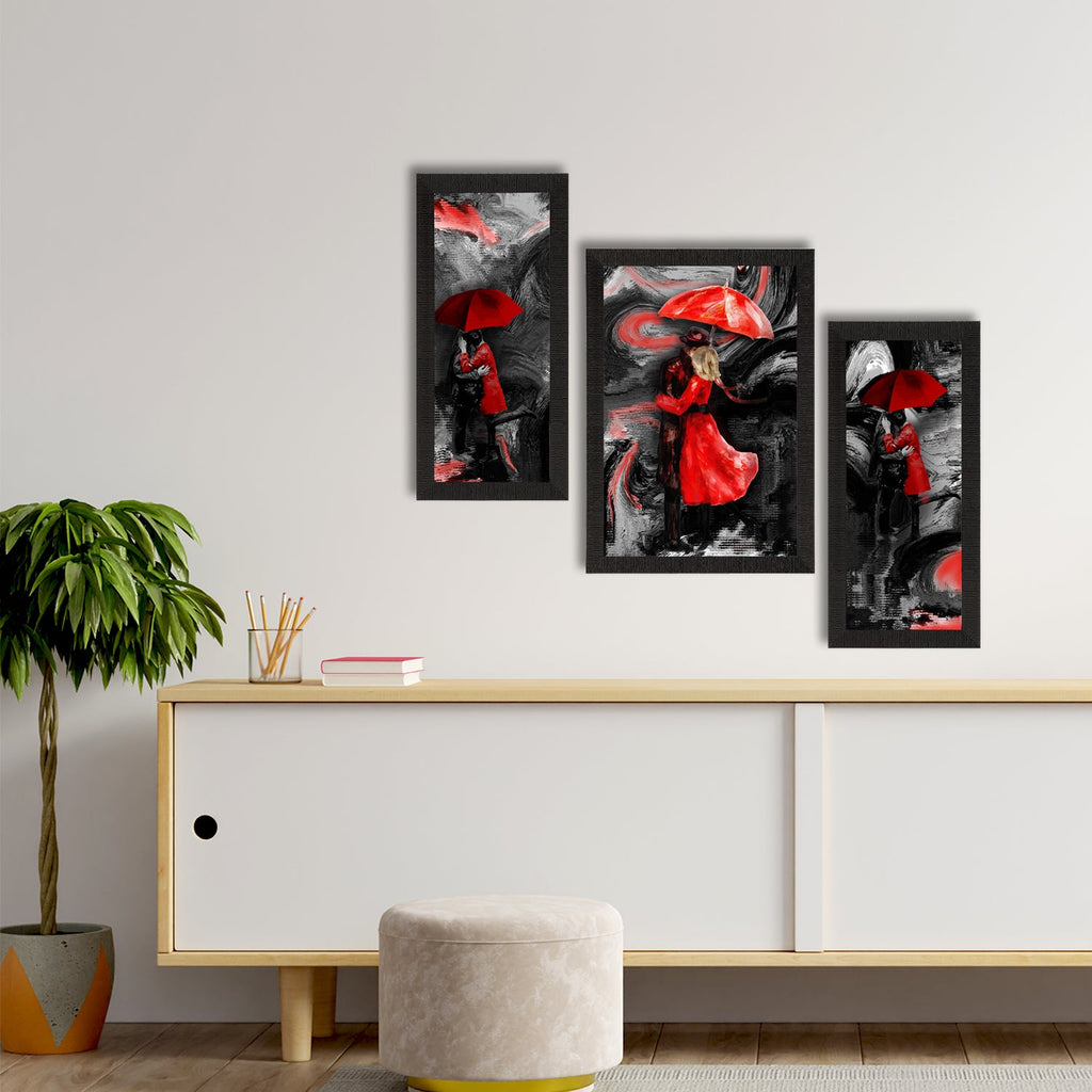 Set of 3 Loving Couple Under Umbrella Valentine Theme Satin Matt Texture UV Art Painting Kafalo