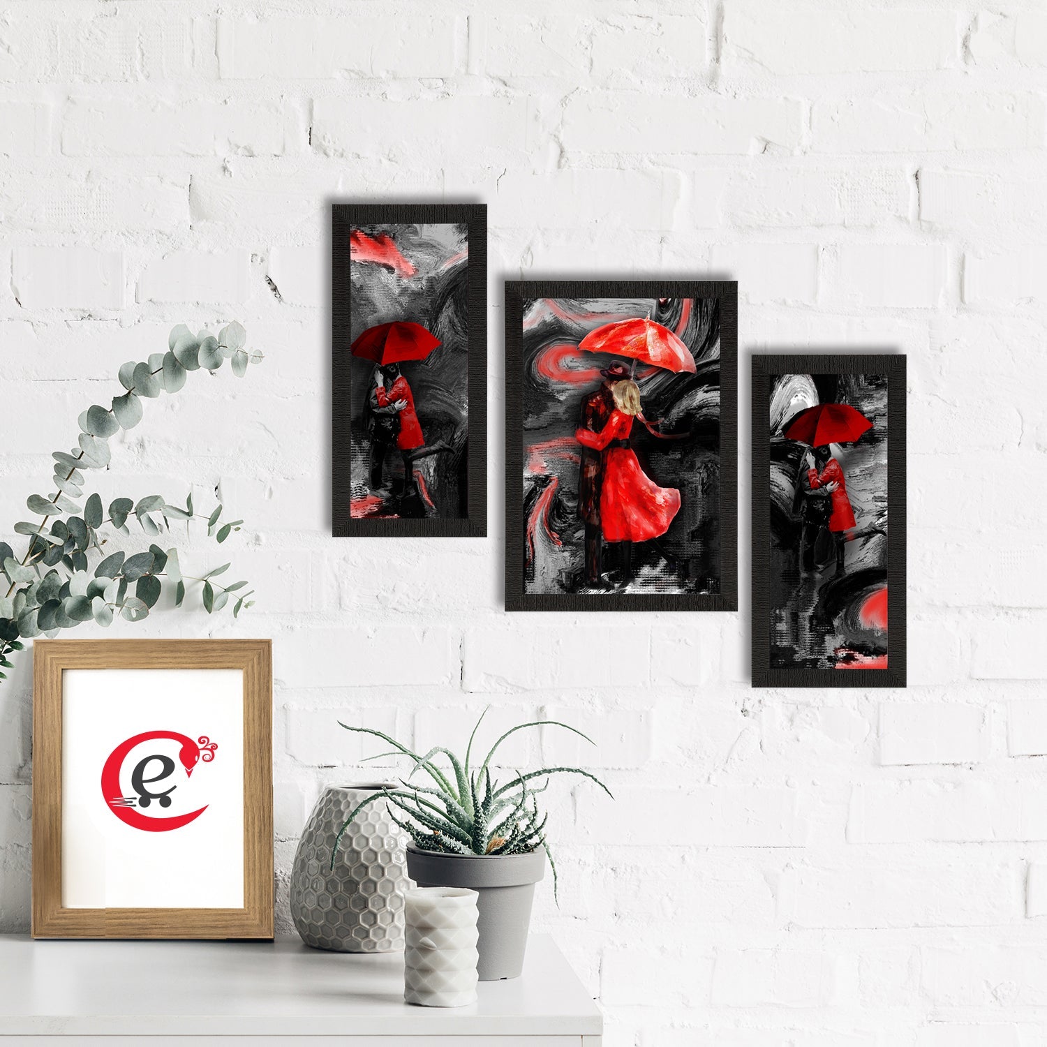 Set of 3 Loving Couple Under Umbrella Valentine Theme Satin Matt Texture UV Art Painting Kafalo