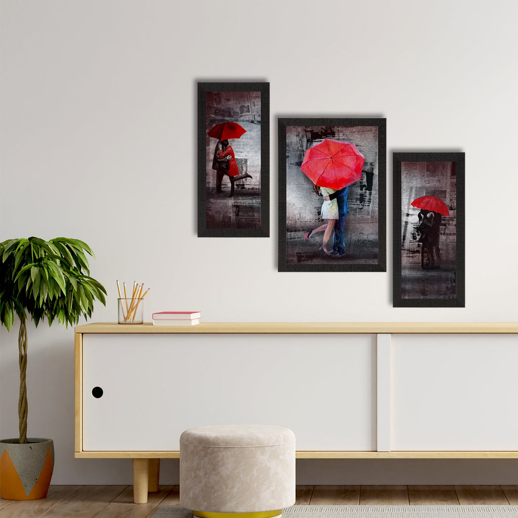Set of 3 Loving Couple Under Umbrella Valentine Theme Satin Matt Texture UV Art Painting Kafalo