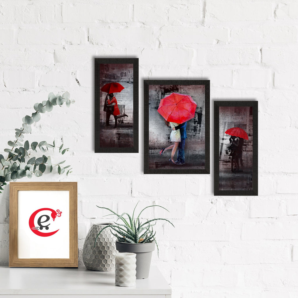 Set of 3 Loving Couple Under Umbrella Valentine Theme Satin Matt Texture UV Art Painting Kafalo