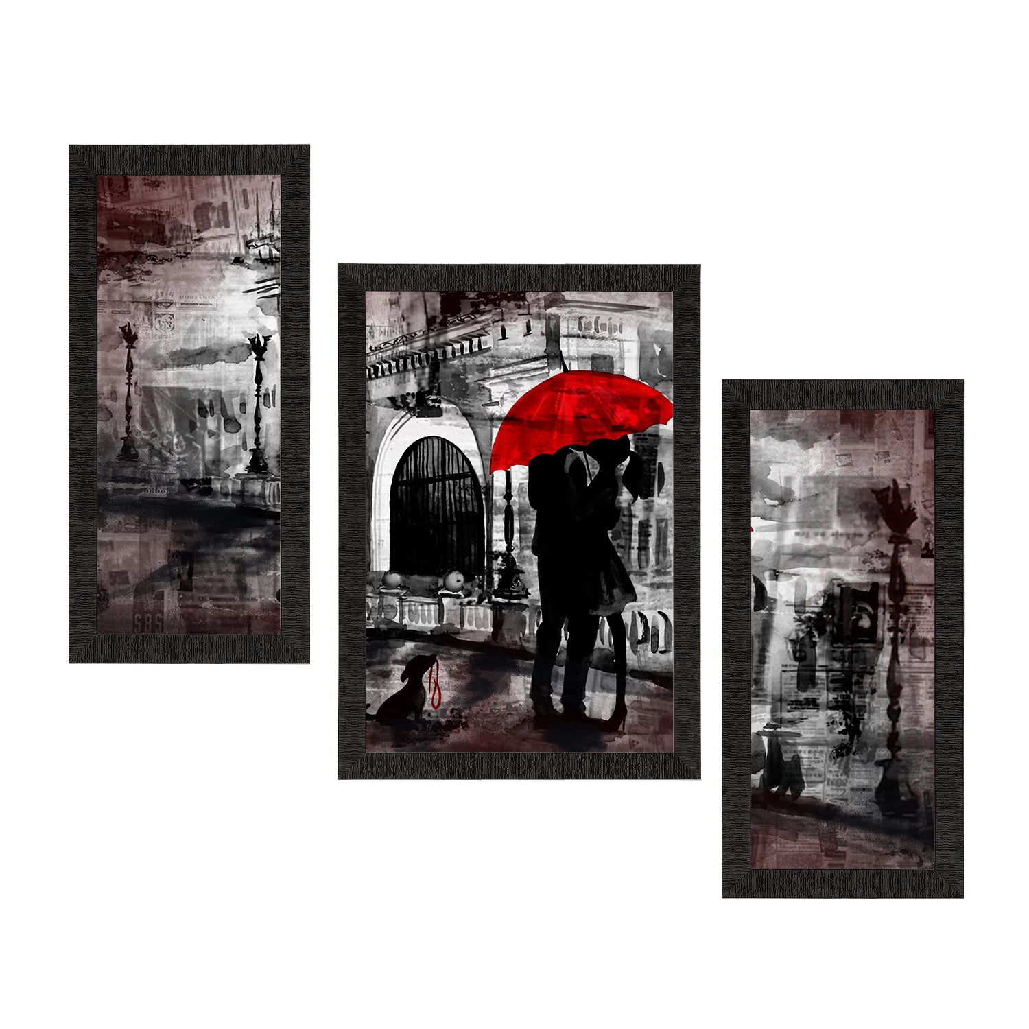 Set of 3 Loving Couple Under Umbrella Valentine Theme Satin Matt Texture UV Art Painting Kafalo