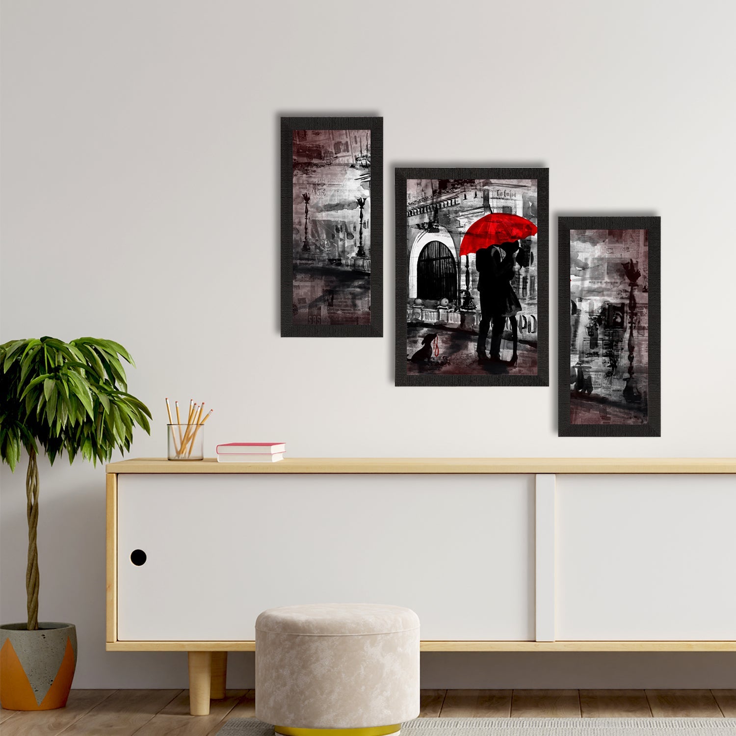 Set of 3 Loving Couple Under Umbrella Valentine Theme Satin Matt Texture UV Art Painting Kafalo