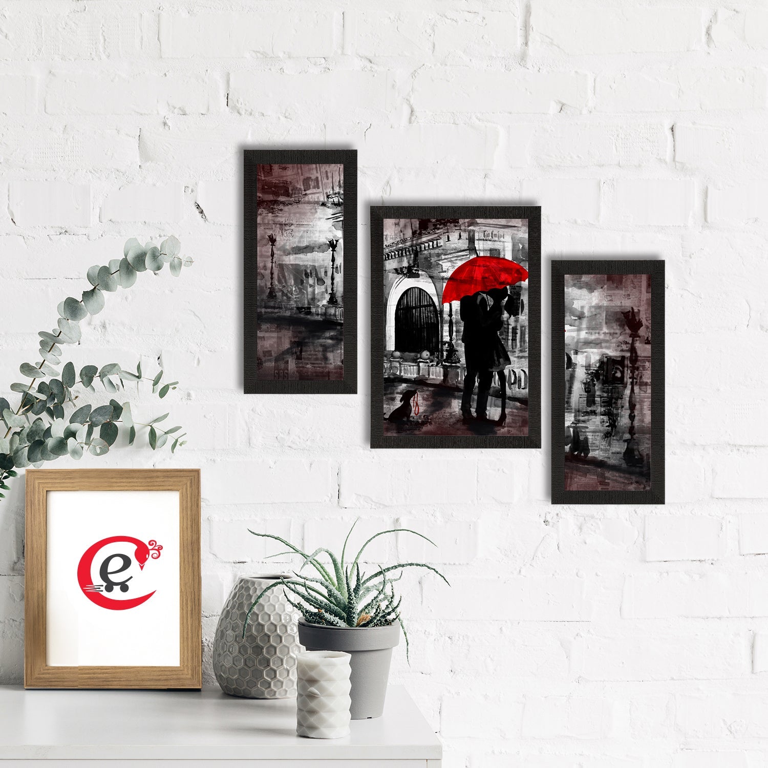 Set of 3 Loving Couple Under Umbrella Valentine Theme Satin Matt Texture UV Art Painting Kafalo