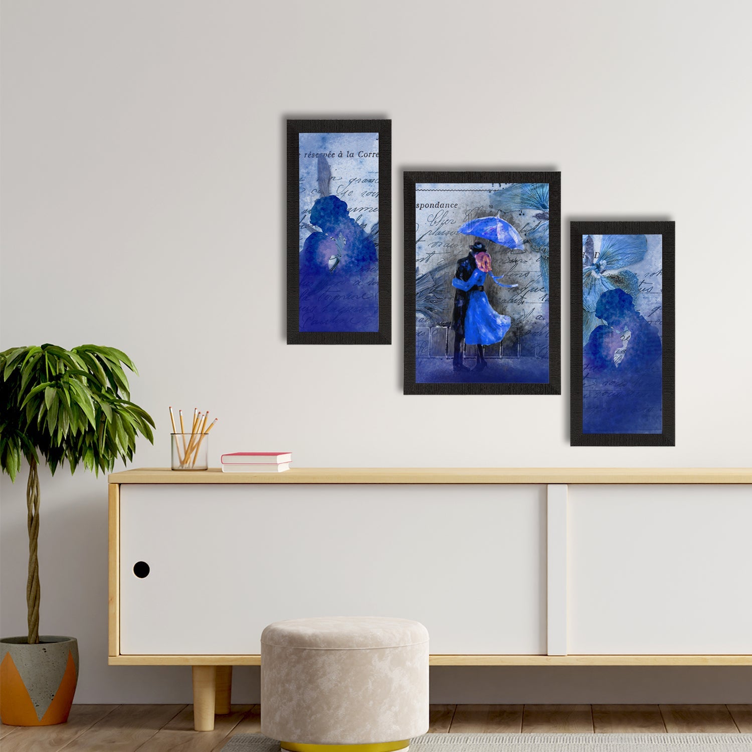 Set of 3 Loving Couple Under Umbrella Valentine Theme Satin Matt Texture UV Art Painting Kafalo