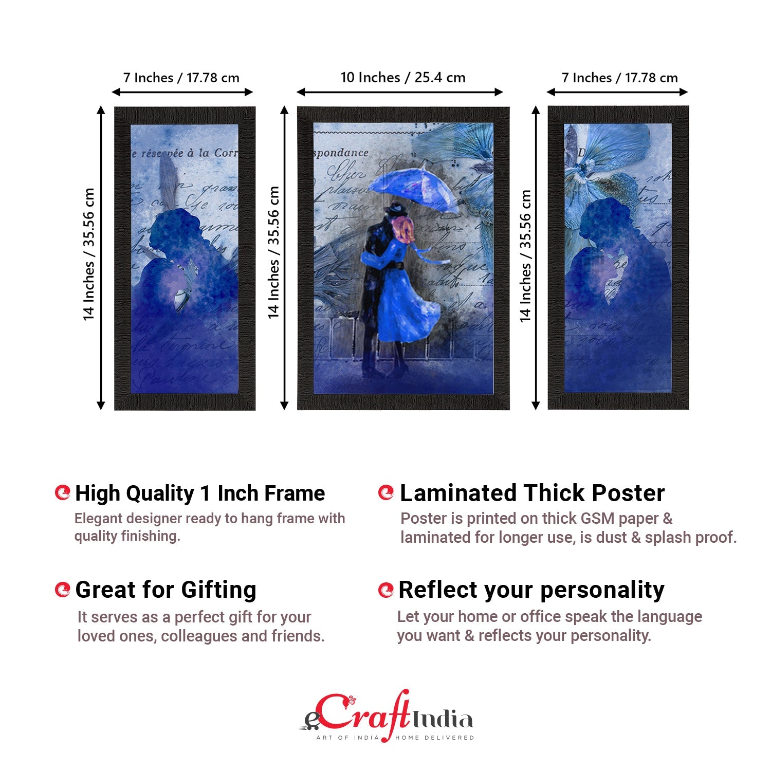 Set of 3 Loving Couple Under Umbrella Valentine Theme Satin Matt Texture UV Art Painting Kafalo