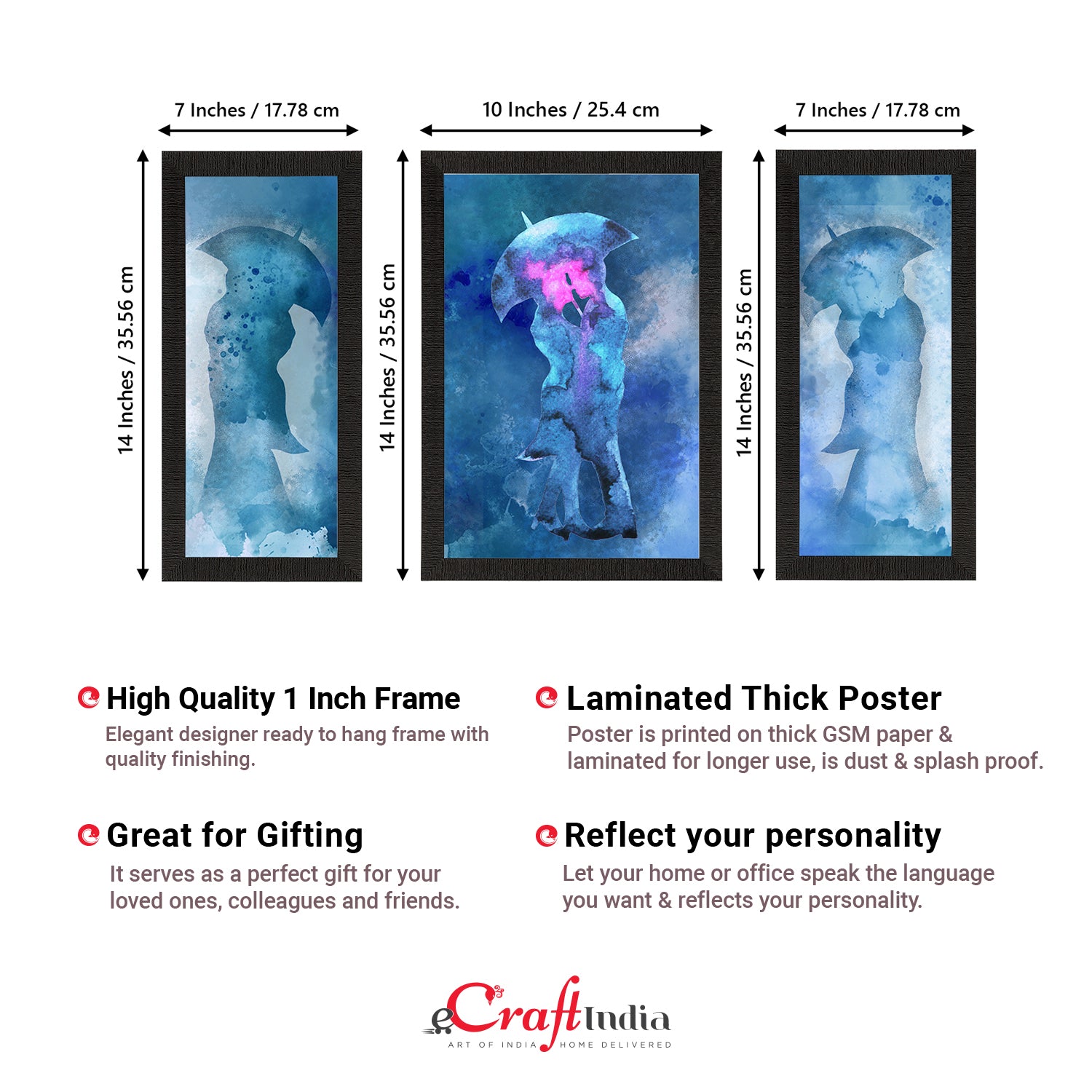 Set of 3 Loving Couple Under Umbrella Valentine Theme Satin Matt Texture UV Art Painting Kafalo