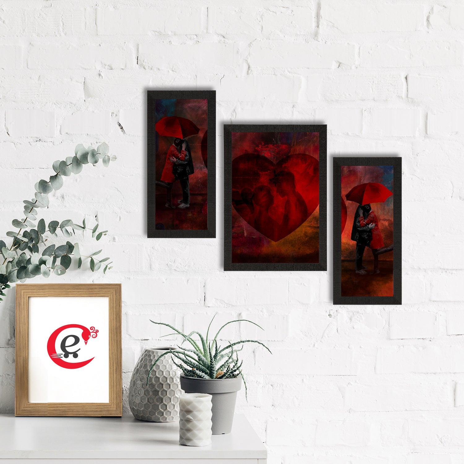 Set of 3 Loving Couple Under Umbrella Valentine Theme Satin Matt Texture UV Art Painting Kafalo