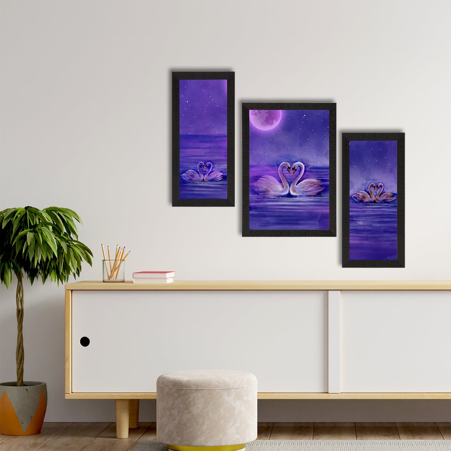 Set of 3 Loving Swan Couple Satin Matt Texture UV Art Painting Kafalo