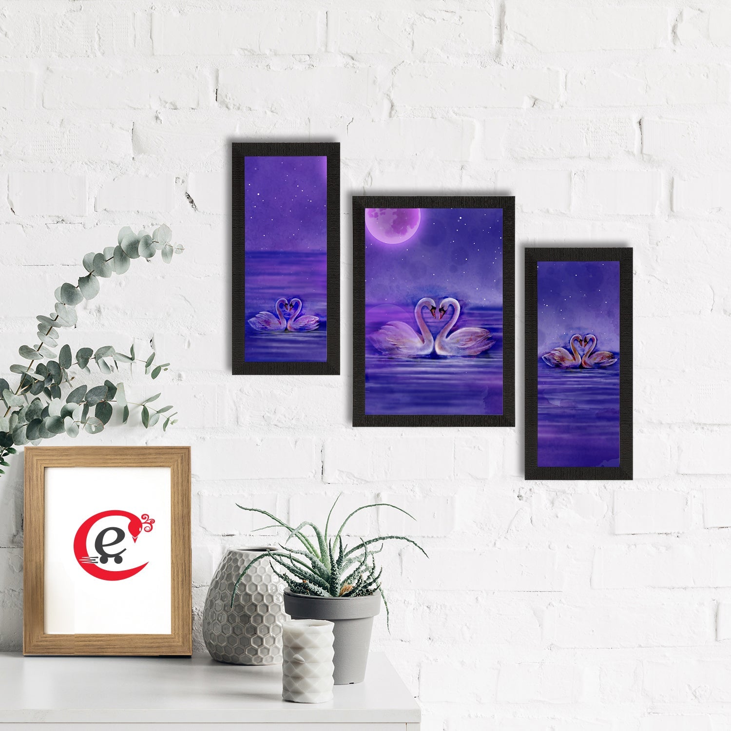 Set of 3 Loving Swan Couple Satin Matt Texture UV Art Painting Kafalo