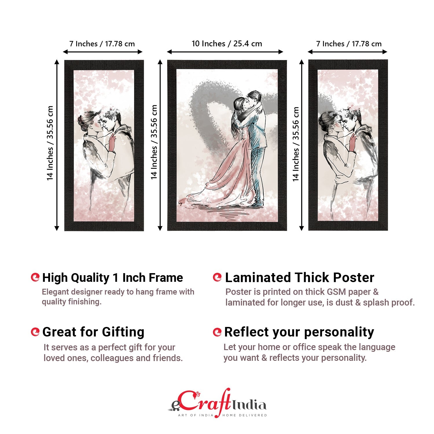 Set of 3 Kissing Couple Satin Matt Texture UV Art Painting Kafalo