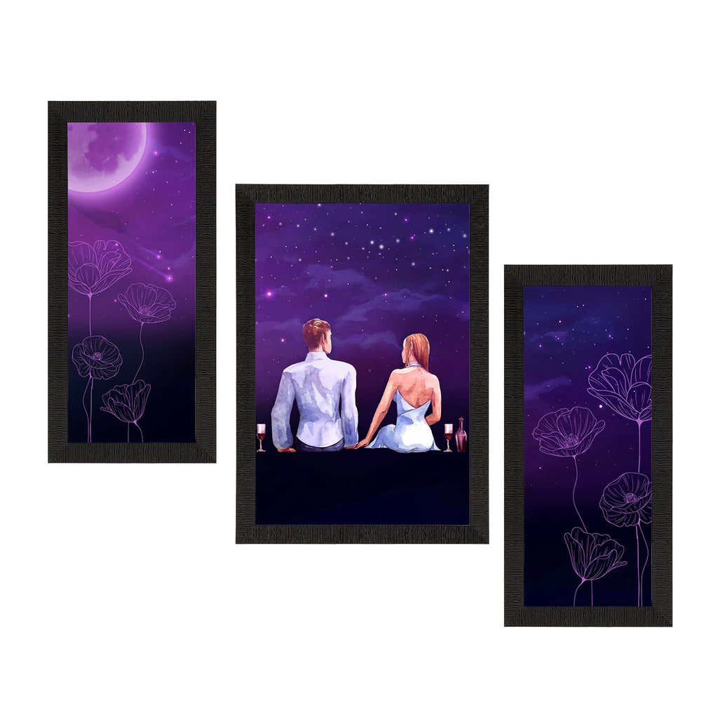 Set of 3 Loving Couple Sitting Under Moon Light Satin Matt Texture UV Art Painting Kafalo
