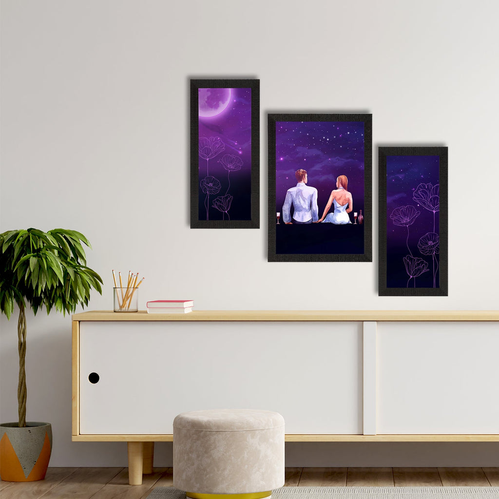 Set of 3 Loving Couple Sitting Under Moon Light Satin Matt Texture UV Art Painting Kafalo