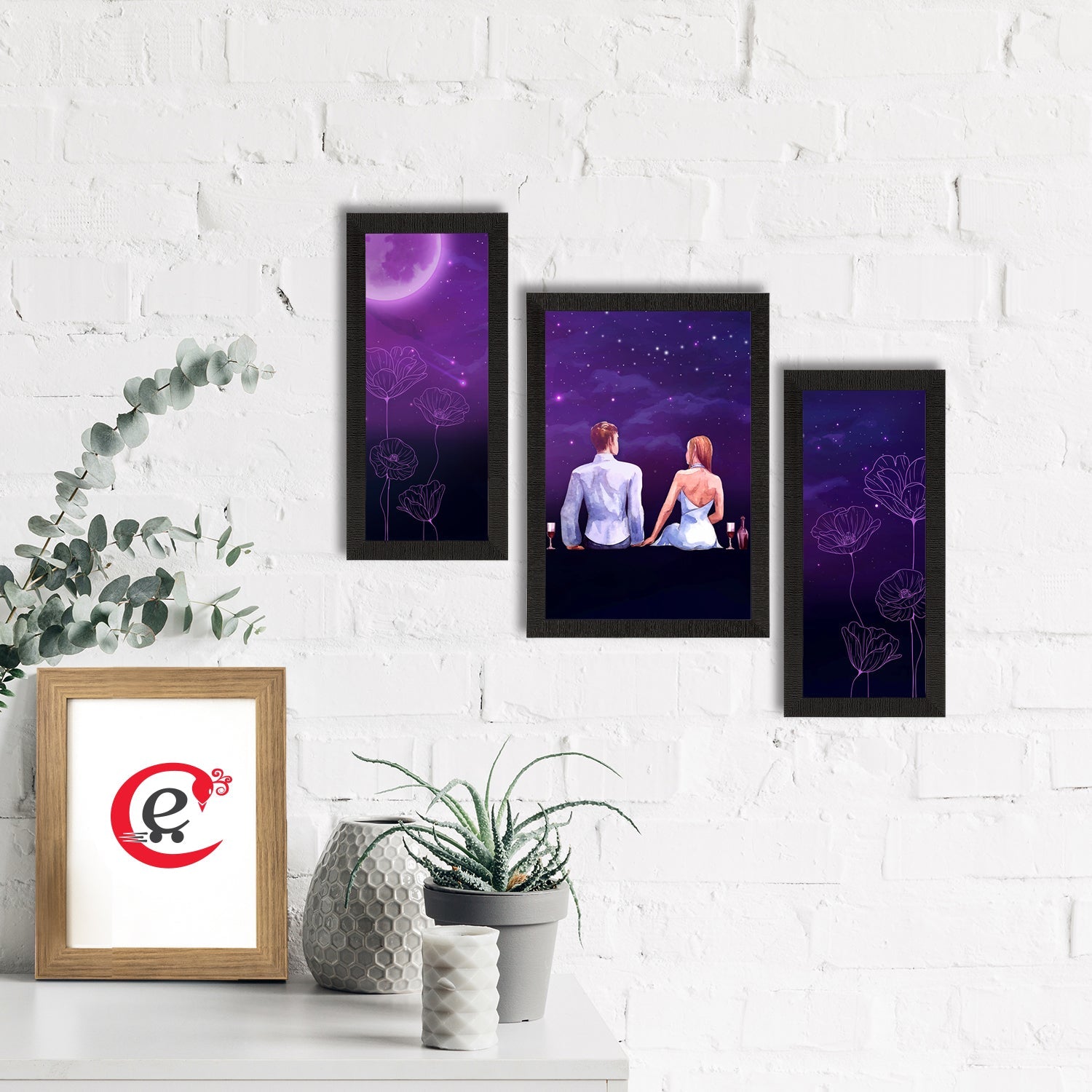 Set of 3 Loving Couple Sitting Under Moon Light Satin Matt Texture UV Art Painting Kafalo