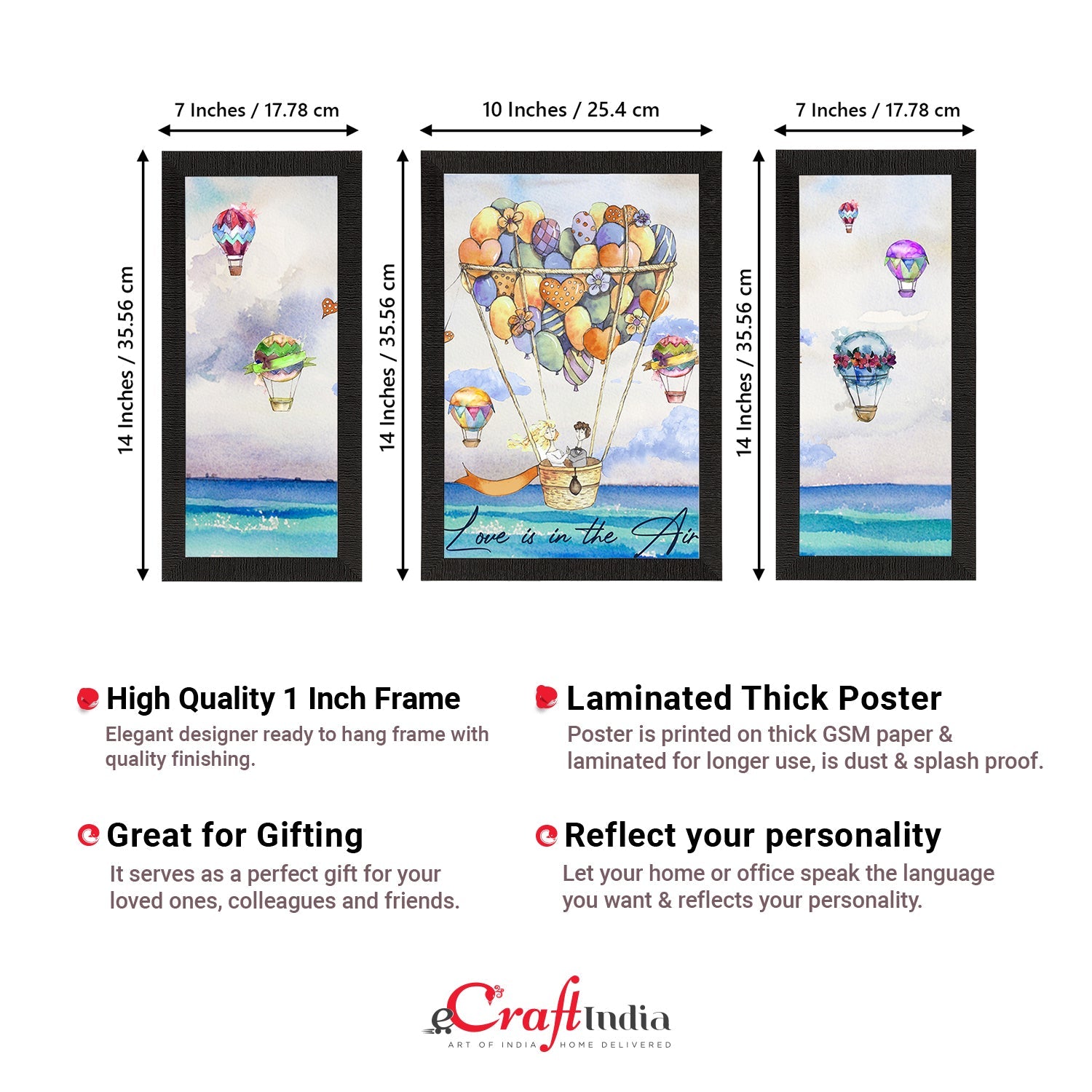 Set of 3 Love is in the Air Balloon Theme Satin Matt Texture UV Art Painting Kafalo