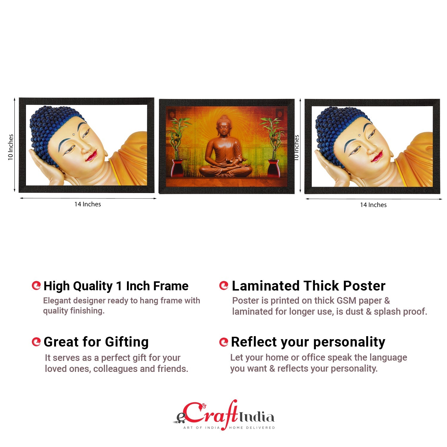 Set Of 3 Holy Lord Buddha Satin Matt Texture UV Art Painting Kafalo
