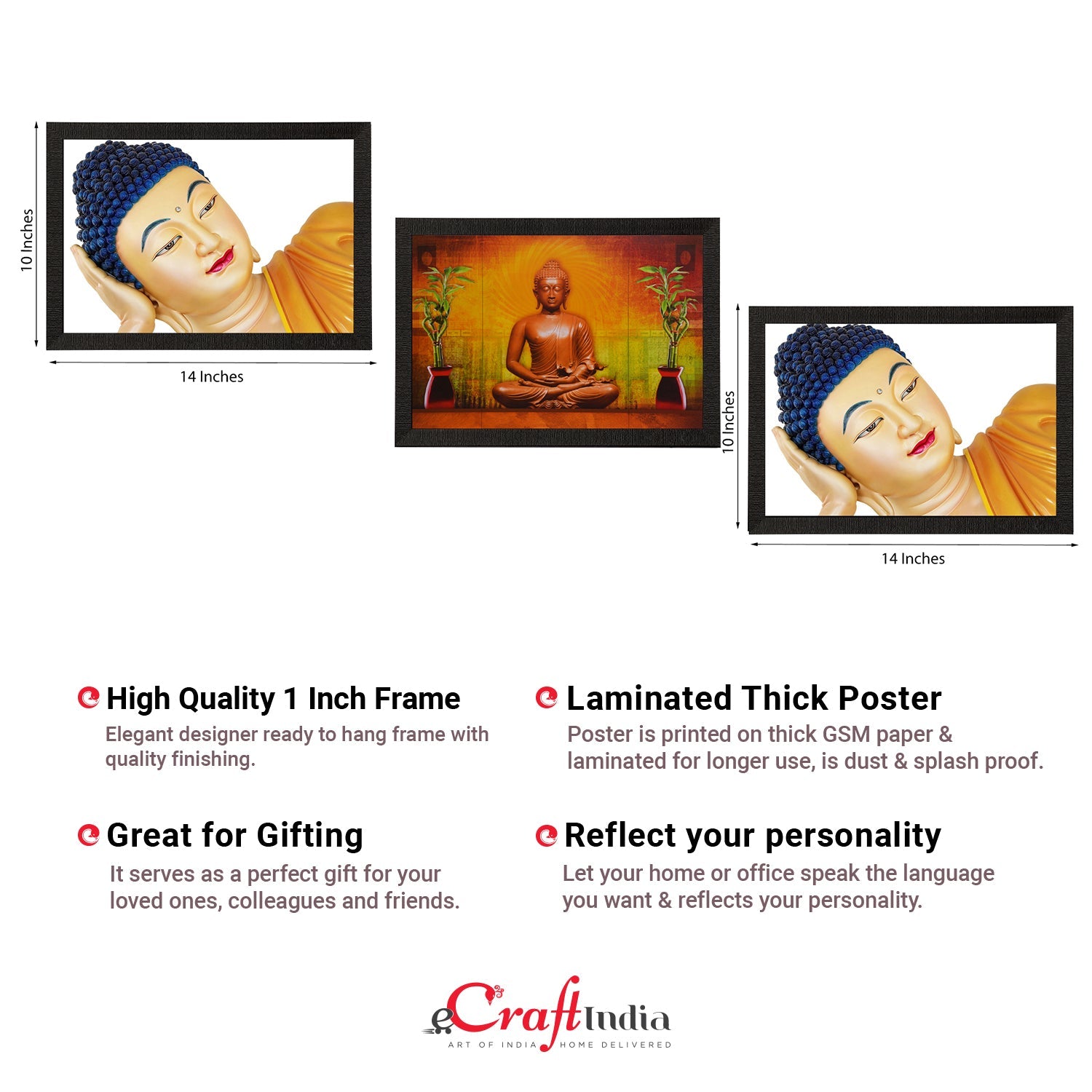 Set Of 3 Holy Lord Buddha Satin Matt Texture UV Art Painting Kafalo