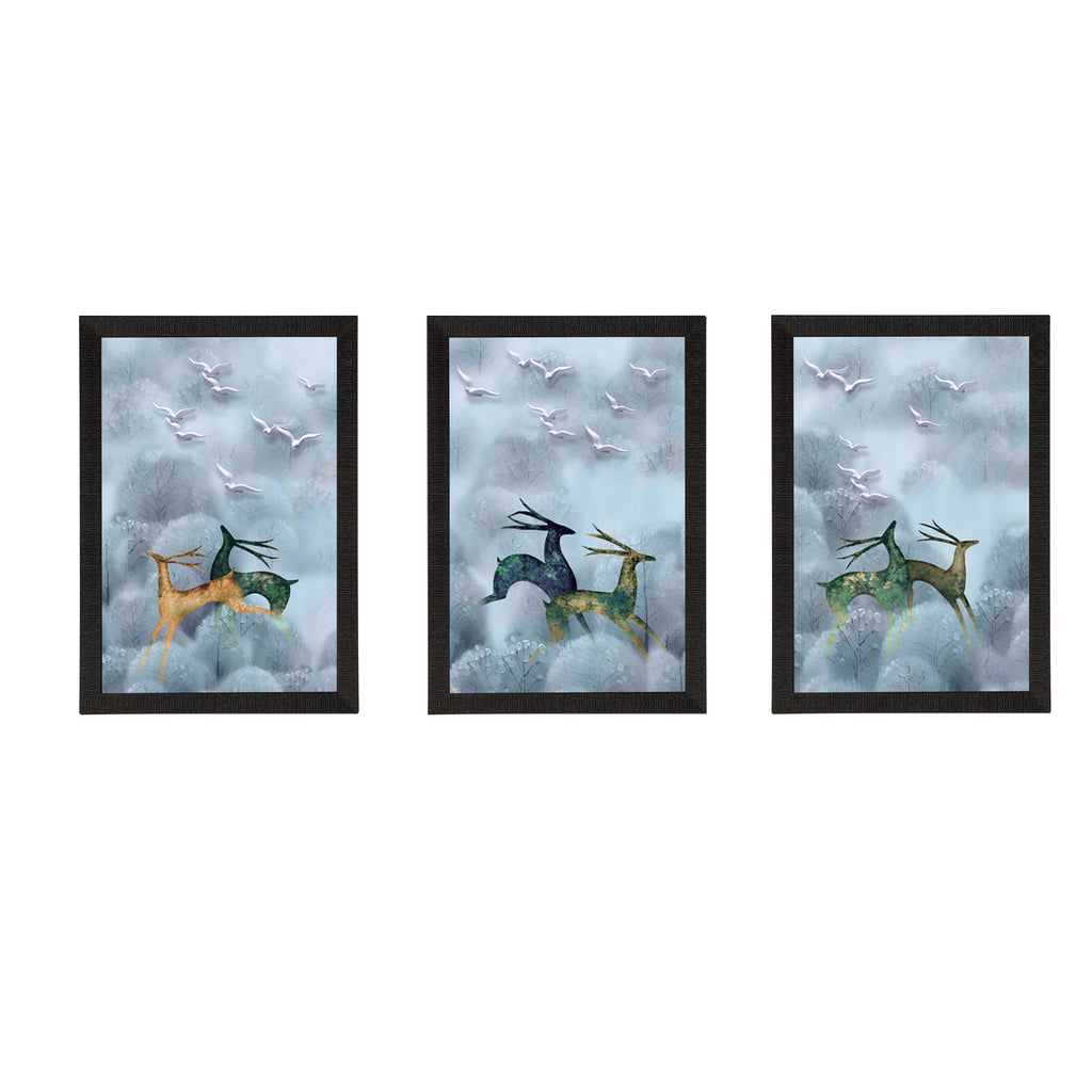 Set Of 3 Running Deers Satin Matt Texture UV Art Painting Kafalo