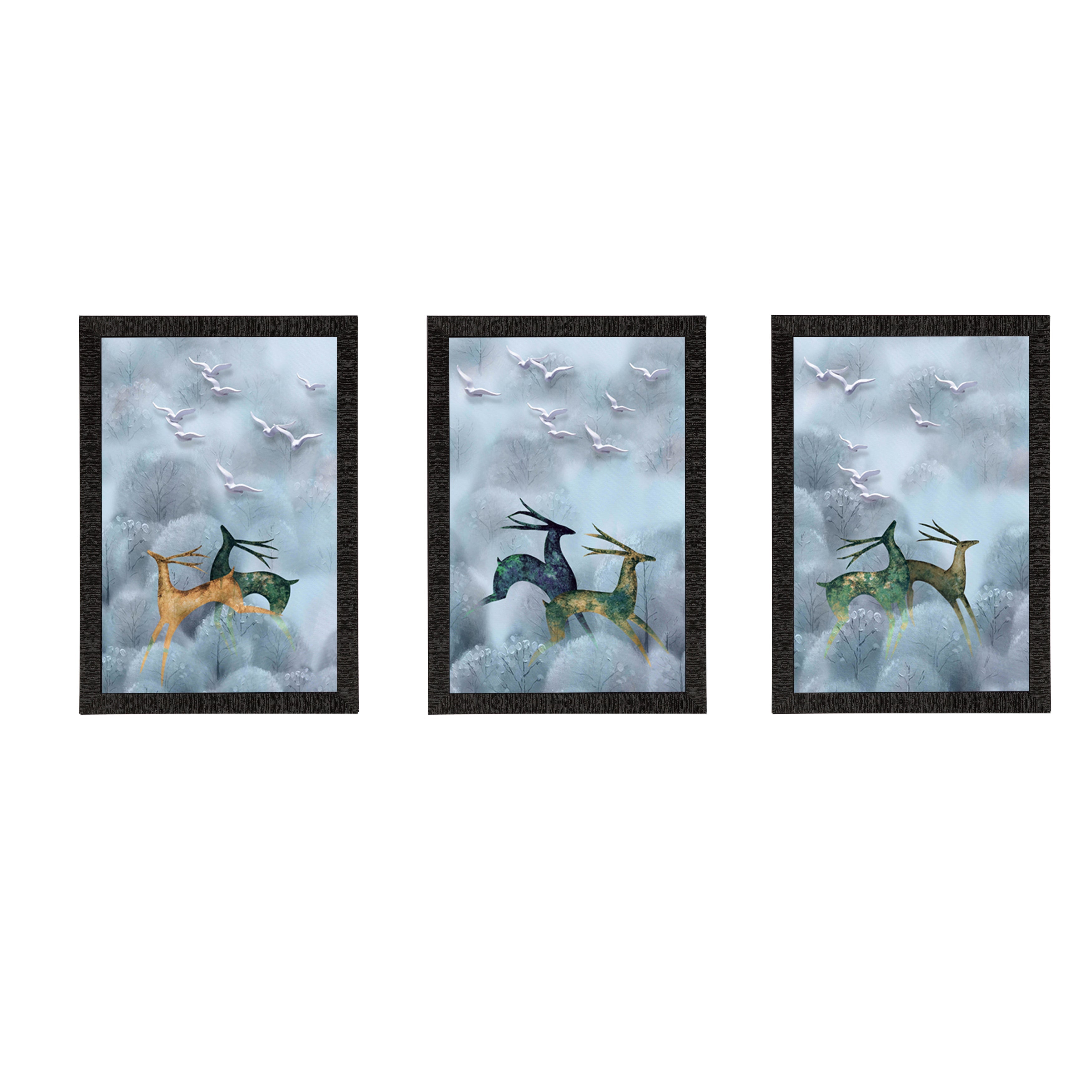 Set Of 3 Running Deers Satin Matt Texture UV Art Painting Kafalo