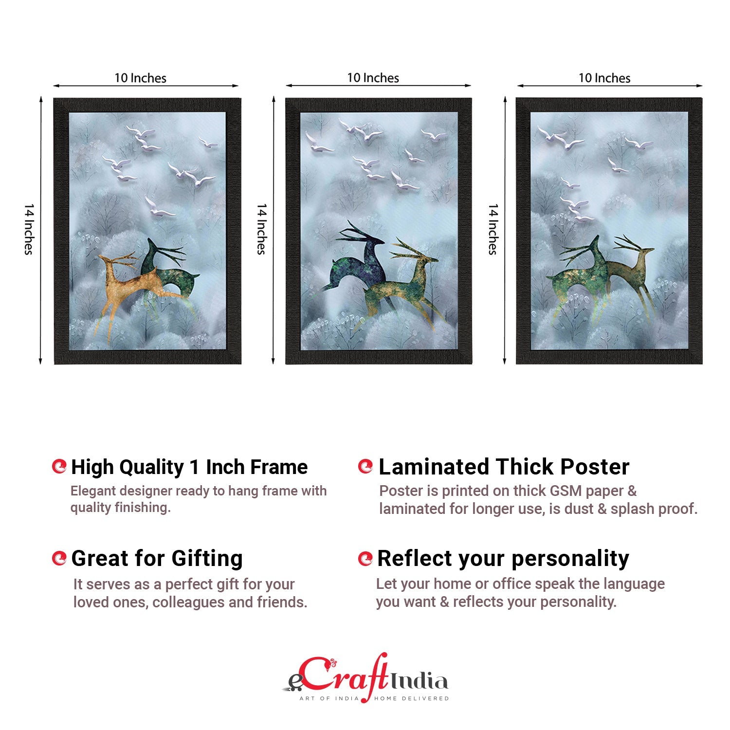 Set Of 3 Running Deers Satin Matt Texture UV Art Painting Kafalo