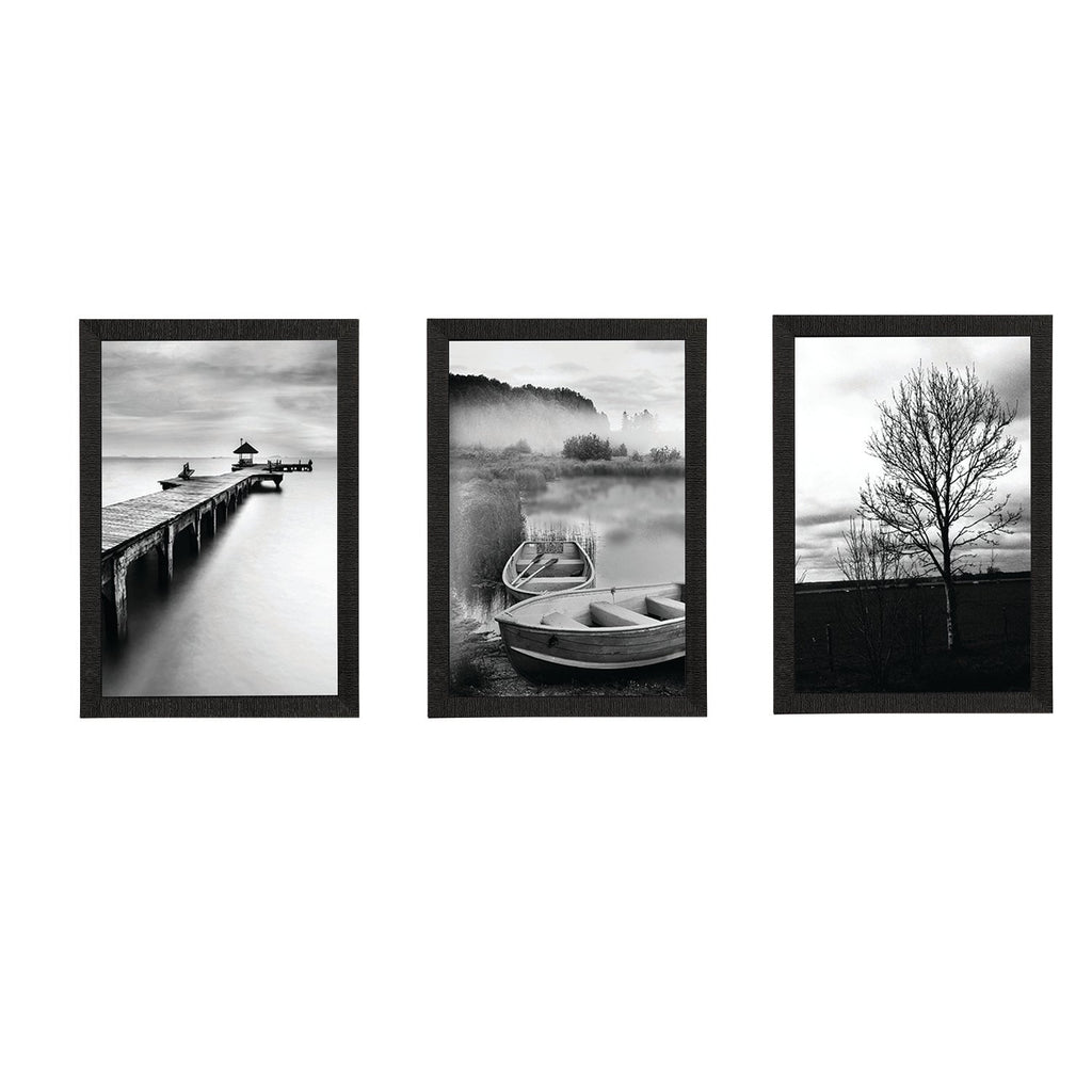 Set Of 3 Black and White River Shore Satin Matt Texture UV Art Painting Kafalo