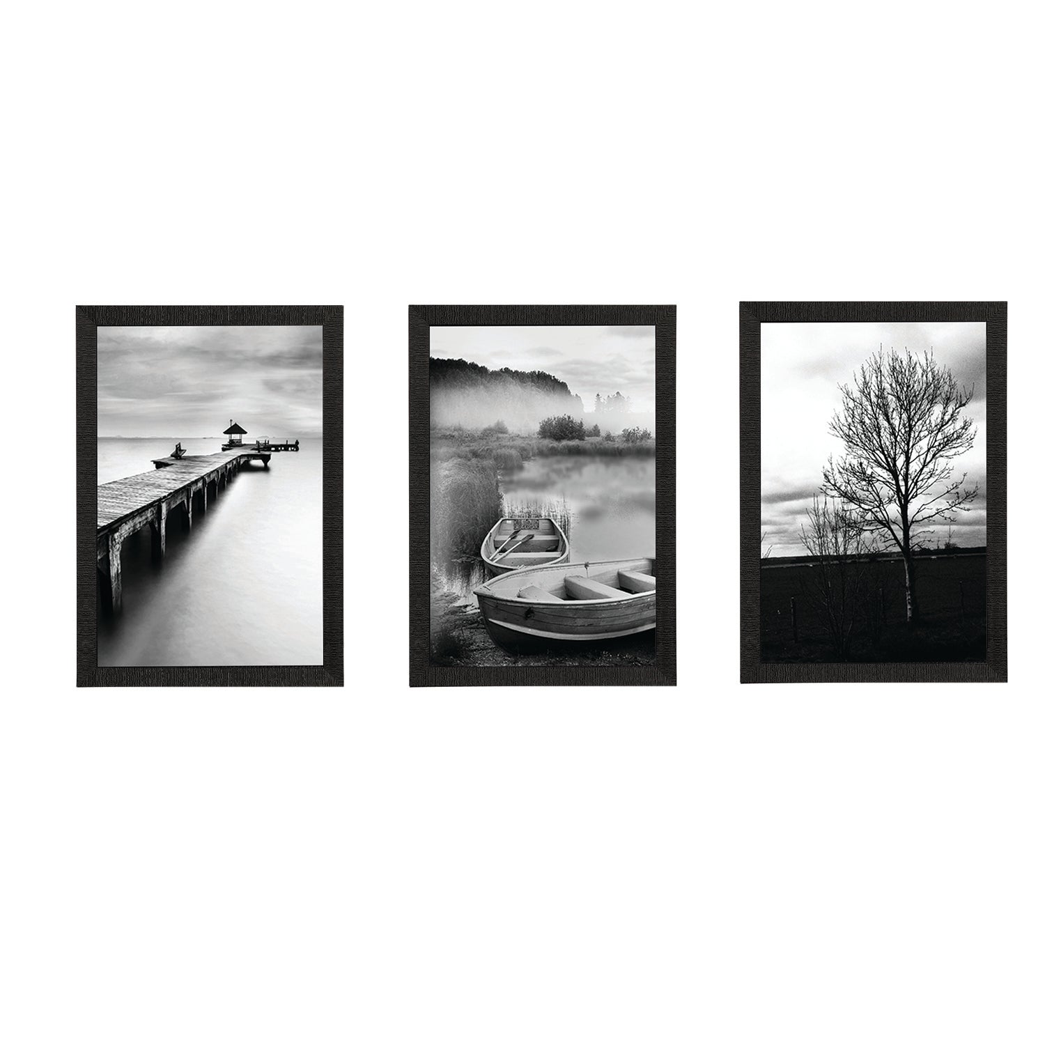 Set Of 3 Black and White River Shore Satin Matt Texture UV Art Painting Kafalo