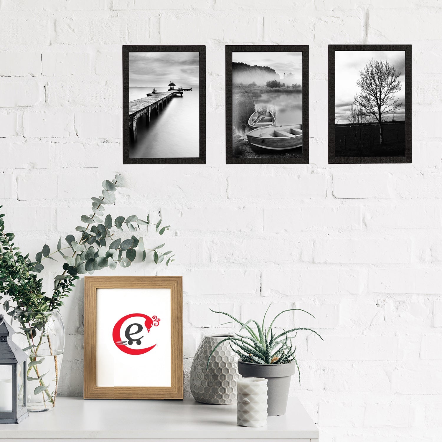 Set Of 3 Black and White River Shore Satin Matt Texture UV Art Painting Kafalo