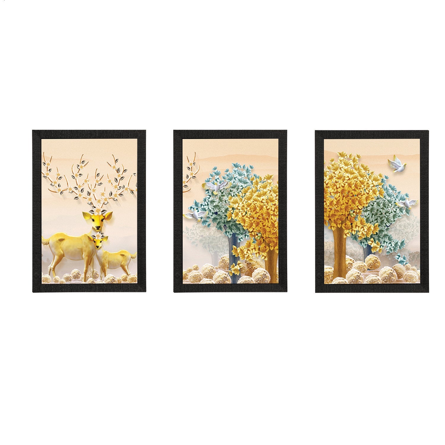 Set Of 3 Colorful Trees and Deer Satin Matt Texture UV Art Painting Kafalo