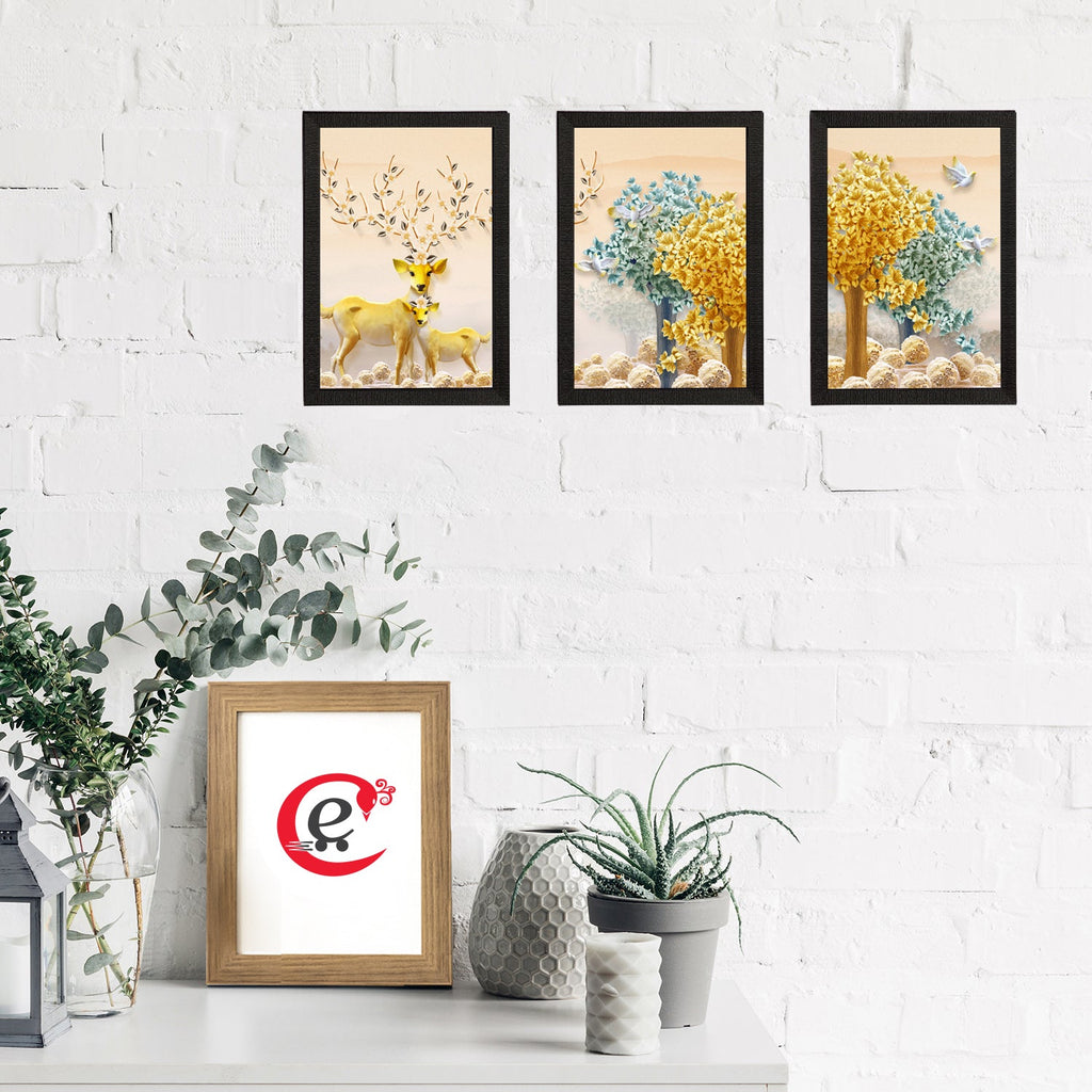 Set Of 3 Colorful Trees and Deer Satin Matt Texture UV Art Painting Kafalo