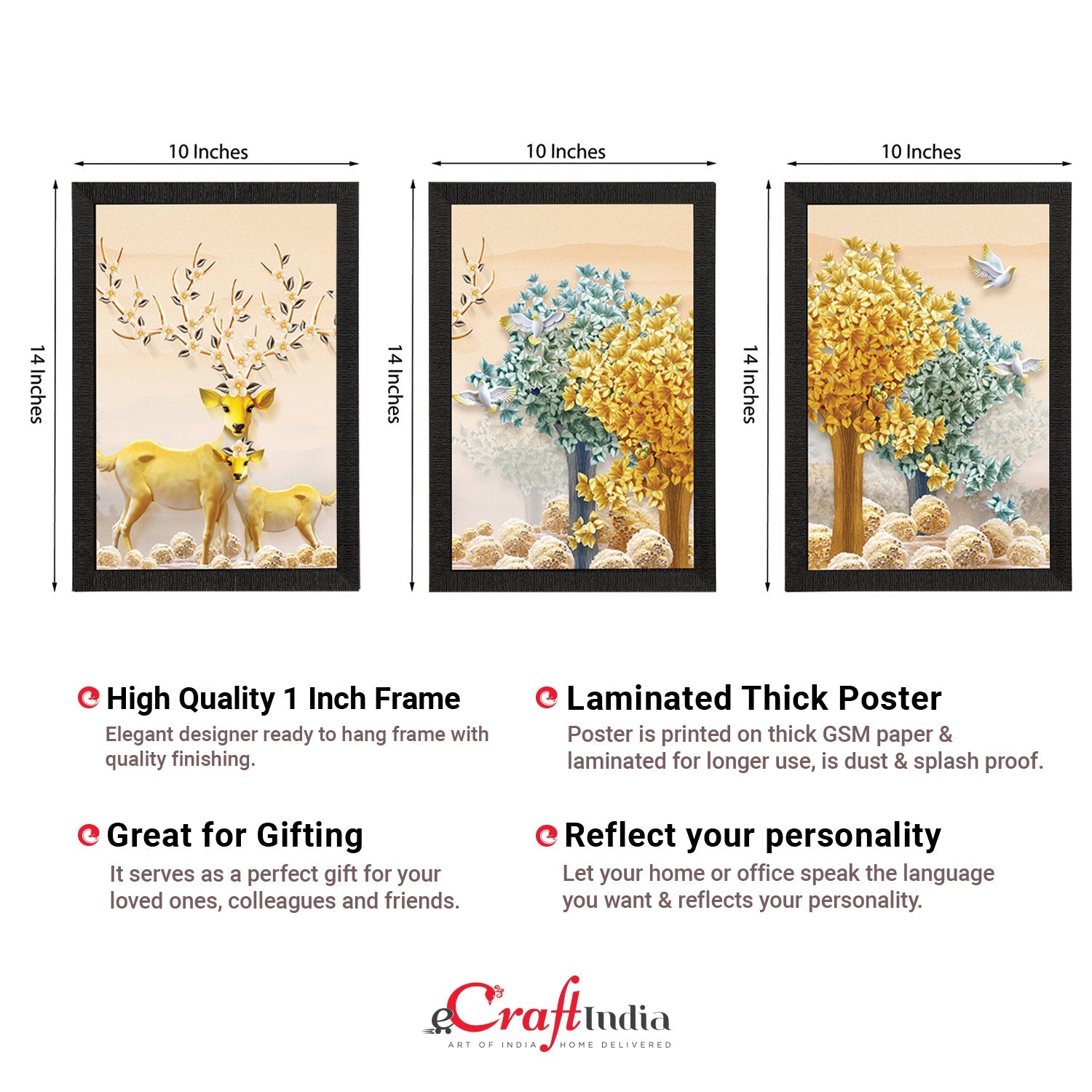 Set Of 3 Colorful Trees and Deer Satin Matt Texture UV Art Painting Kafalo