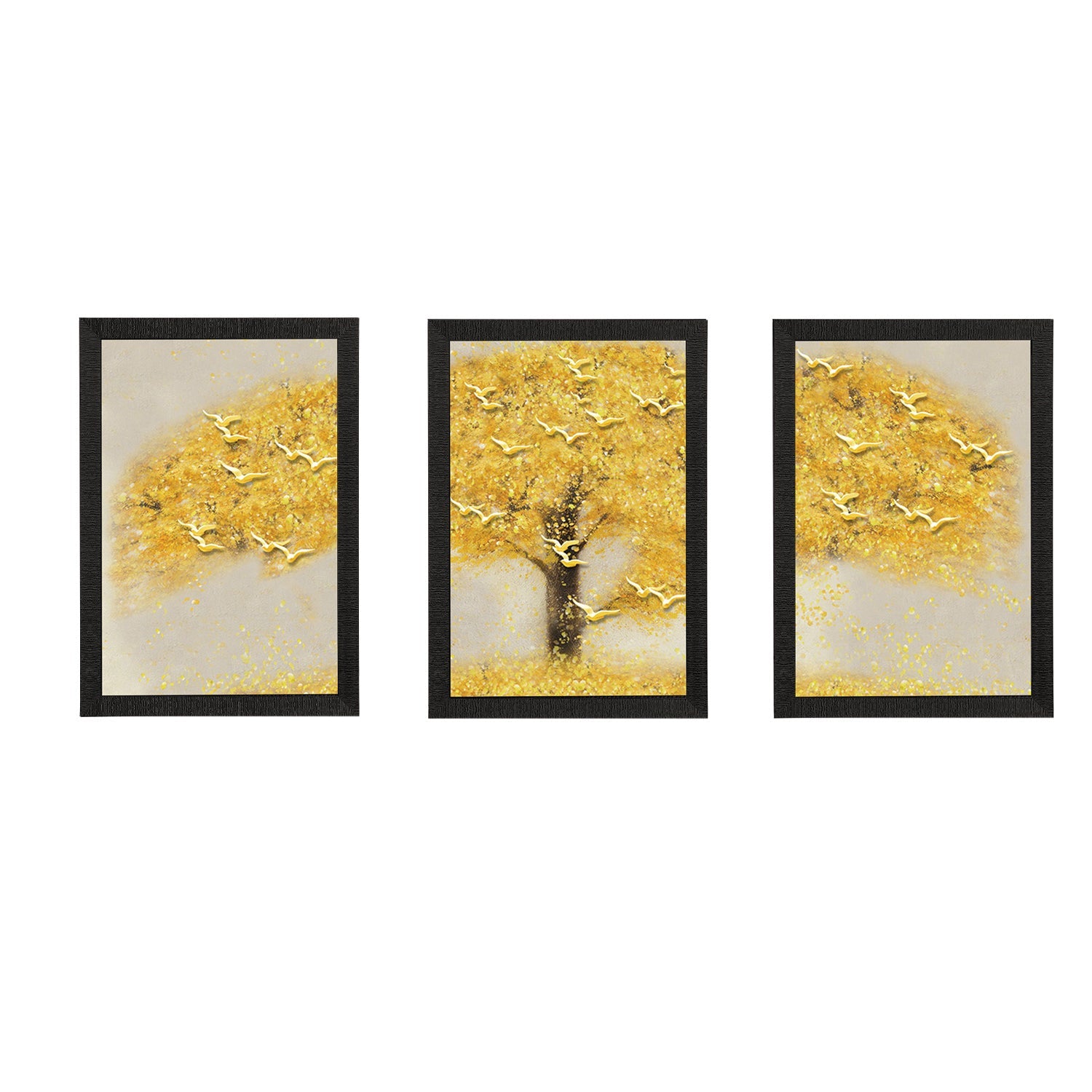 Set Of 3 Yellow Tree and Birds Satin Matt Texture UV Art Painting Kafalo