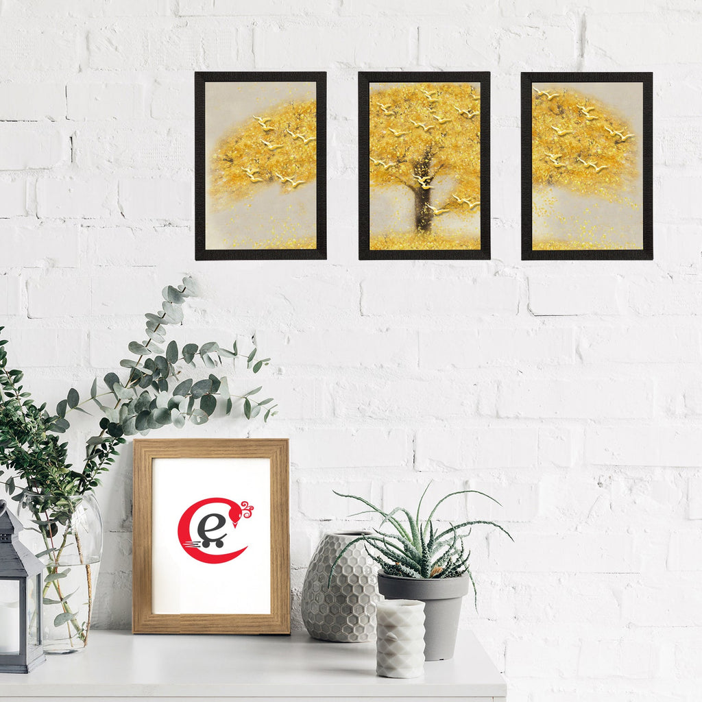 Set Of 3 Yellow Tree and Birds Satin Matt Texture UV Art Painting Kafalo