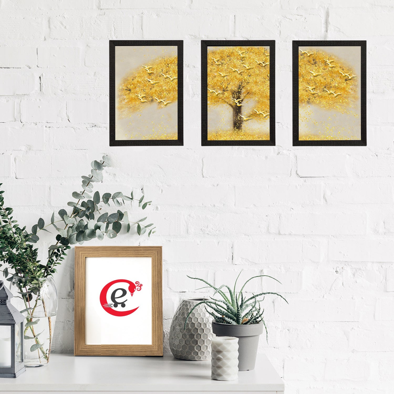 Set Of 3 Yellow Tree and Birds Satin Matt Texture UV Art Painting Kafalo