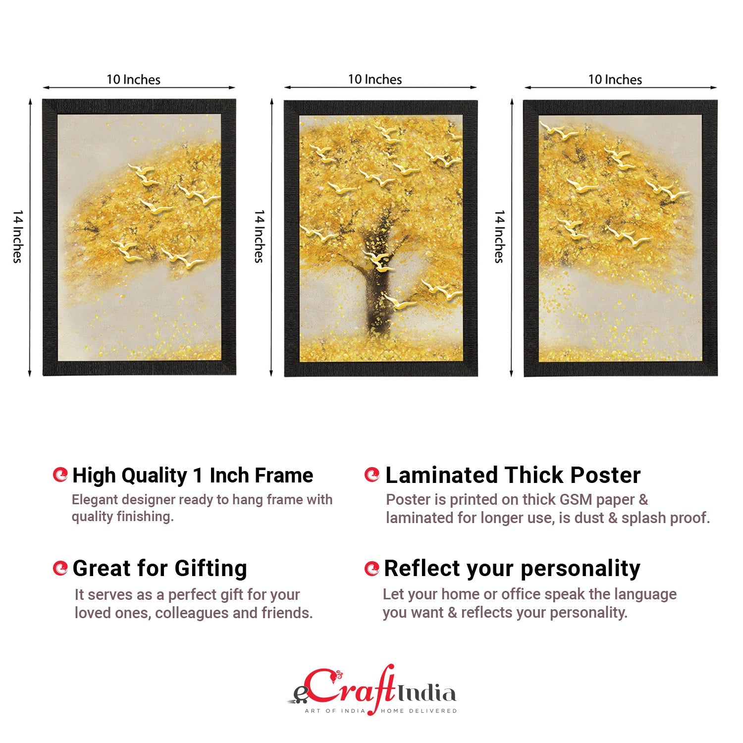 Set Of 3 Yellow Tree and Birds Satin Matt Texture UV Art Painting Kafalo